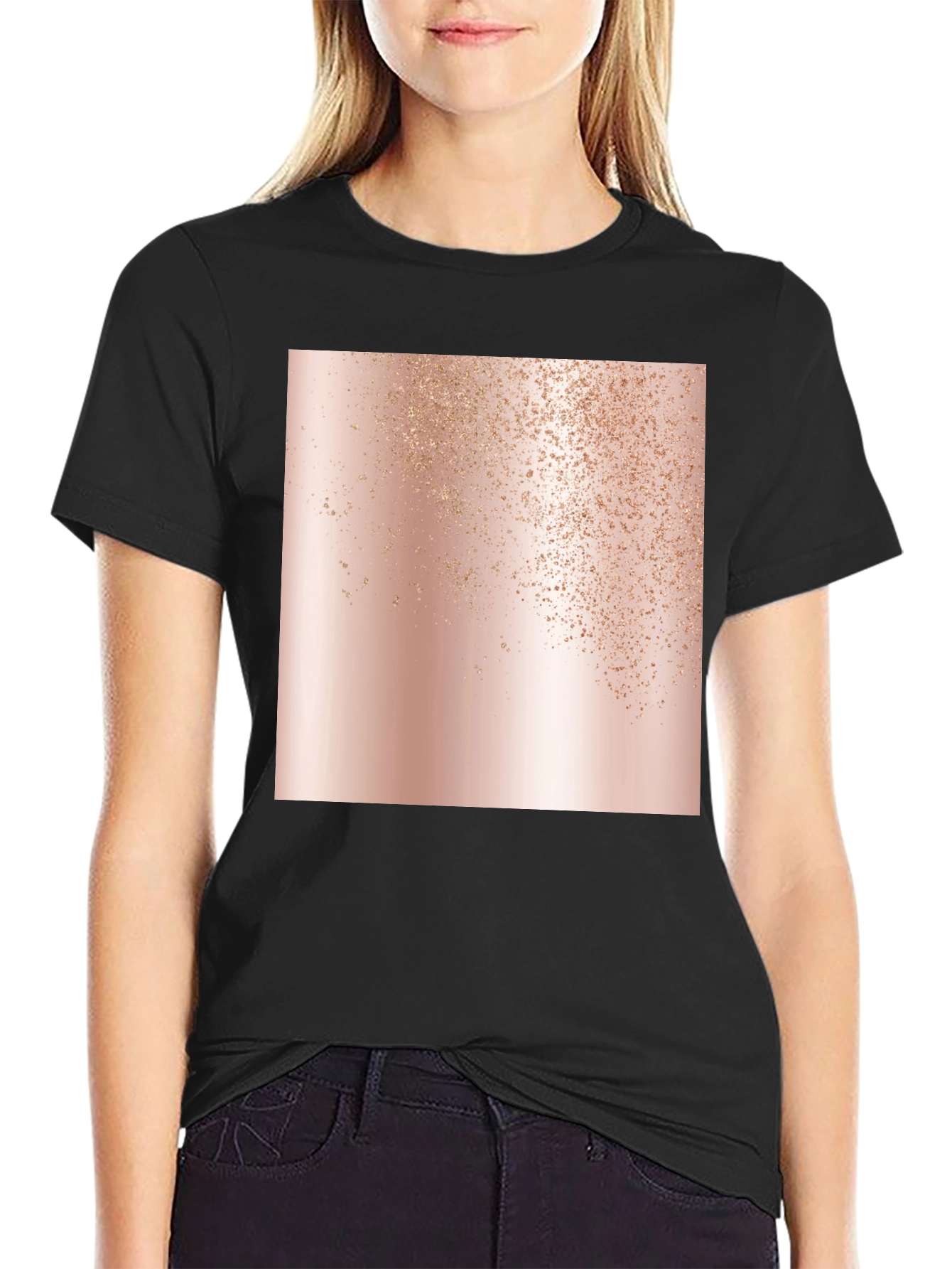 Stylish Black Tee with Abstract Rose Gold Graphic