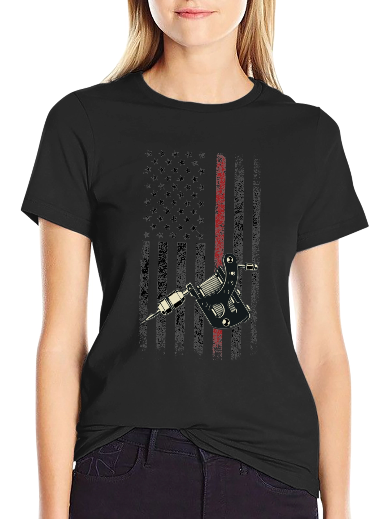 Tattoo Machine USA Flag Black Graphic Tee