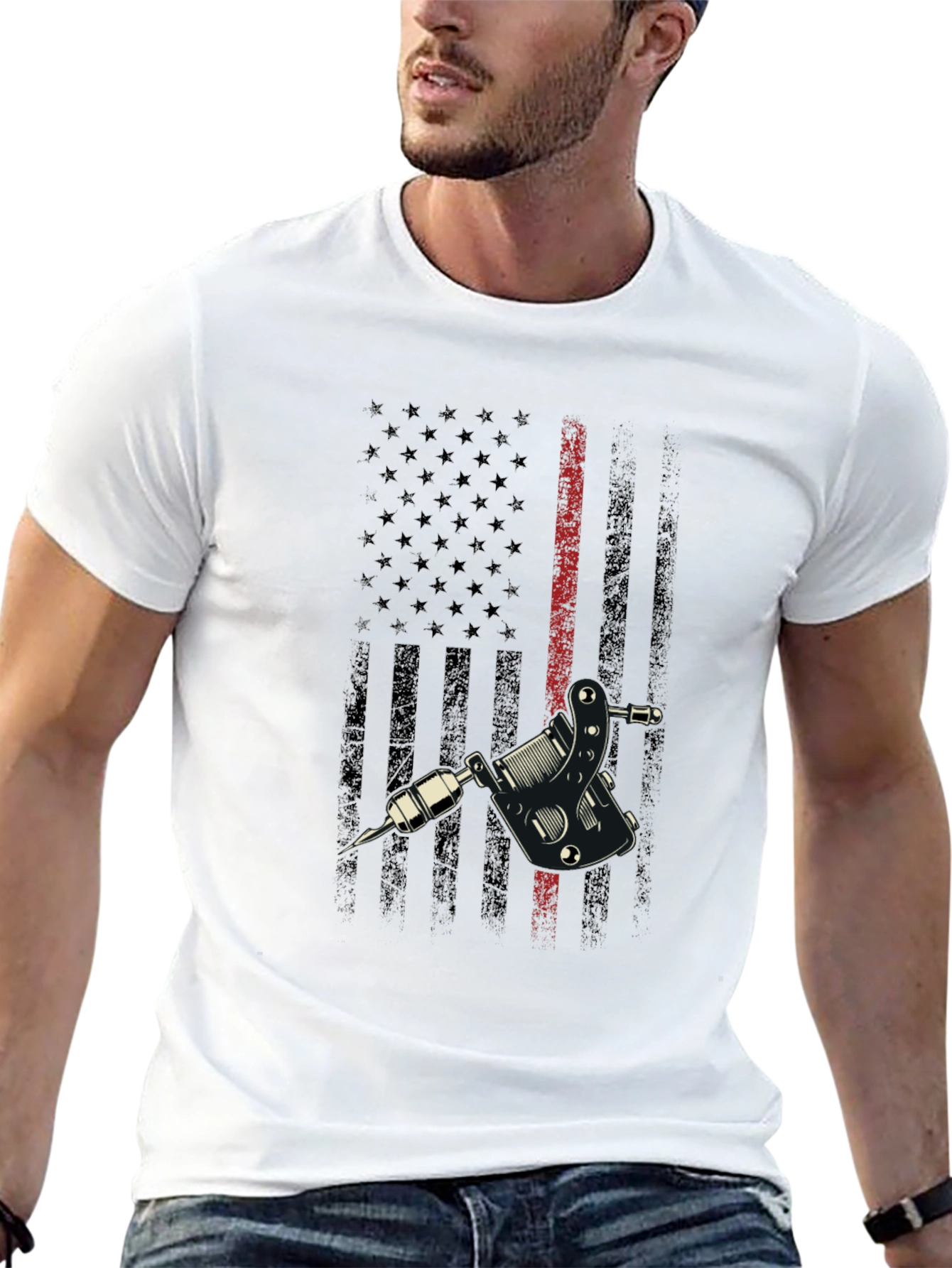Tattoo Machine USA Flag Black Graphic Tee
