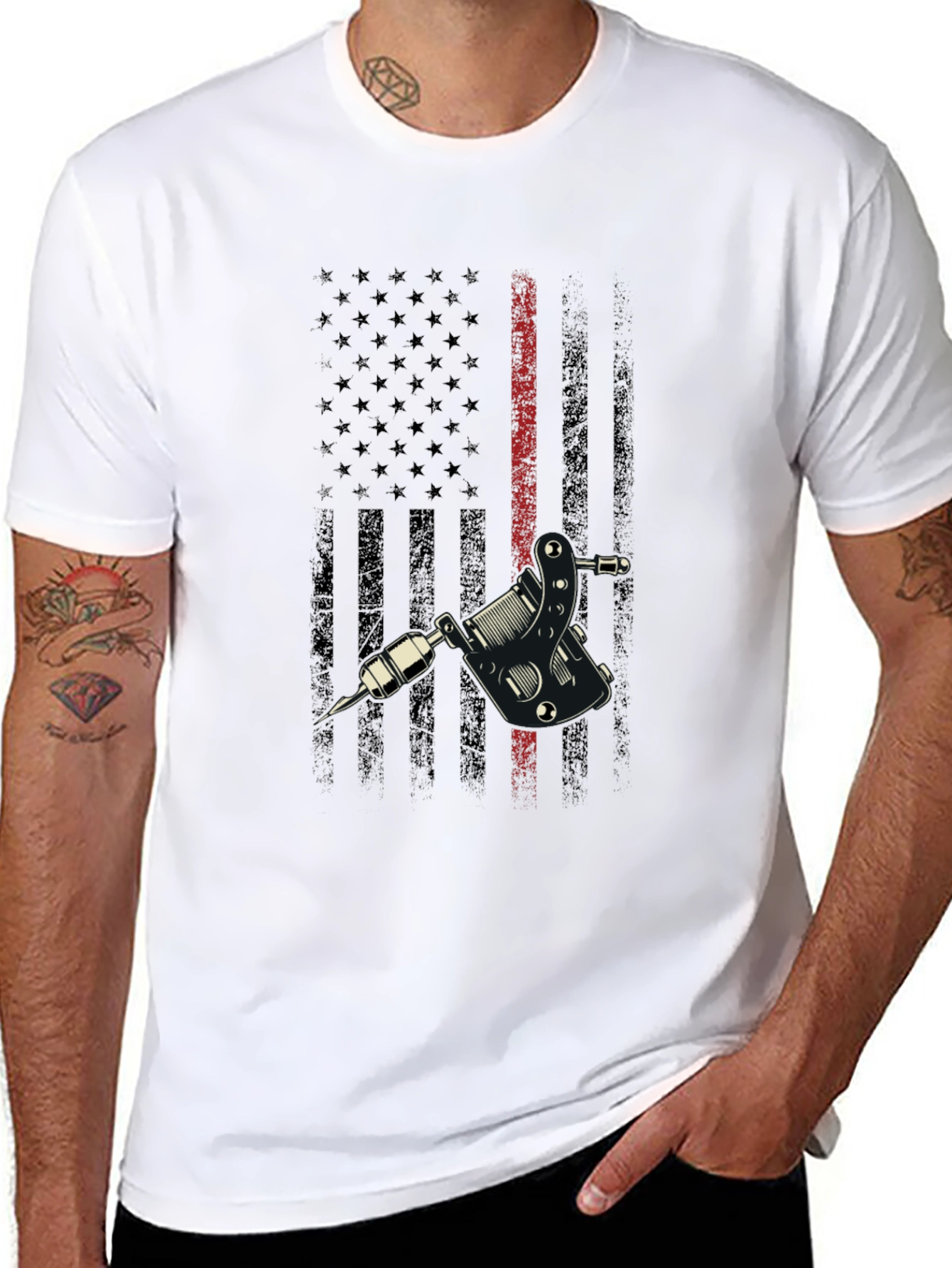 Tattoo Machine USA Flag Black Graphic Tee
