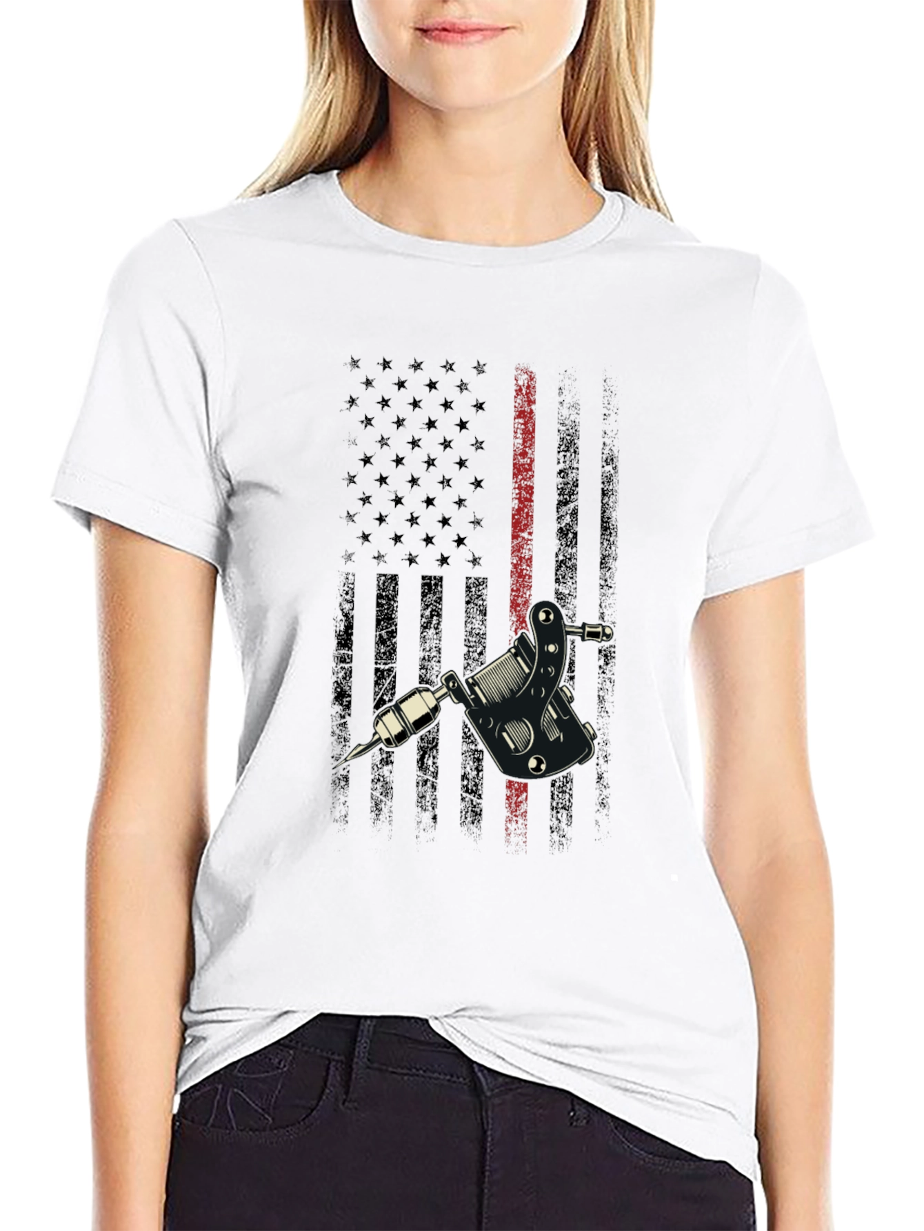 Tattoo Machine USA Flag Black Graphic Tee
