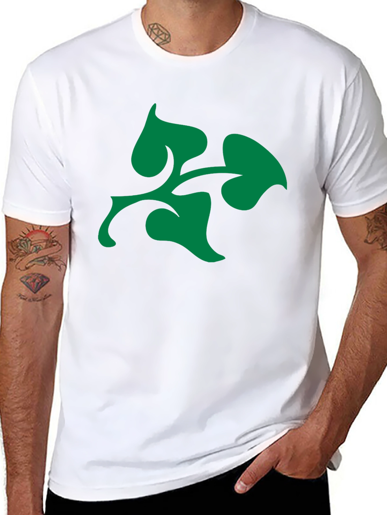 Green Leaf Design Black T-Shirt