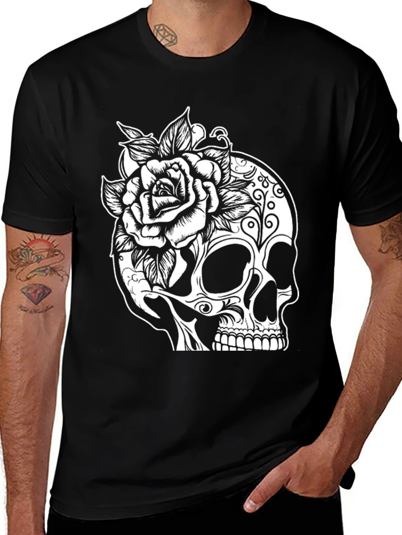 Skull & Rose Graphic Tee - Mens Black T-Shirt