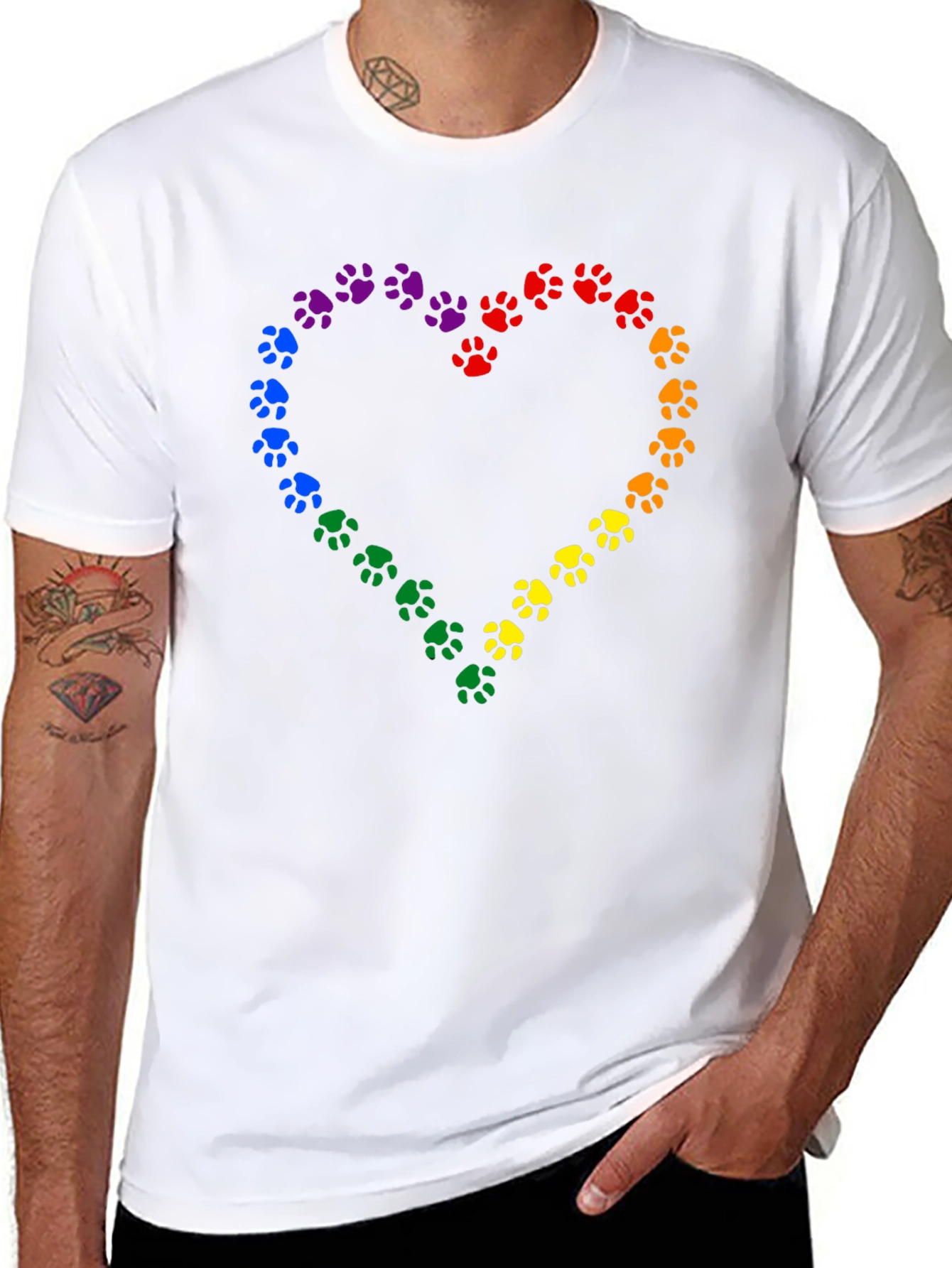 Rainbow Paw Print Heart Black T-Shirt