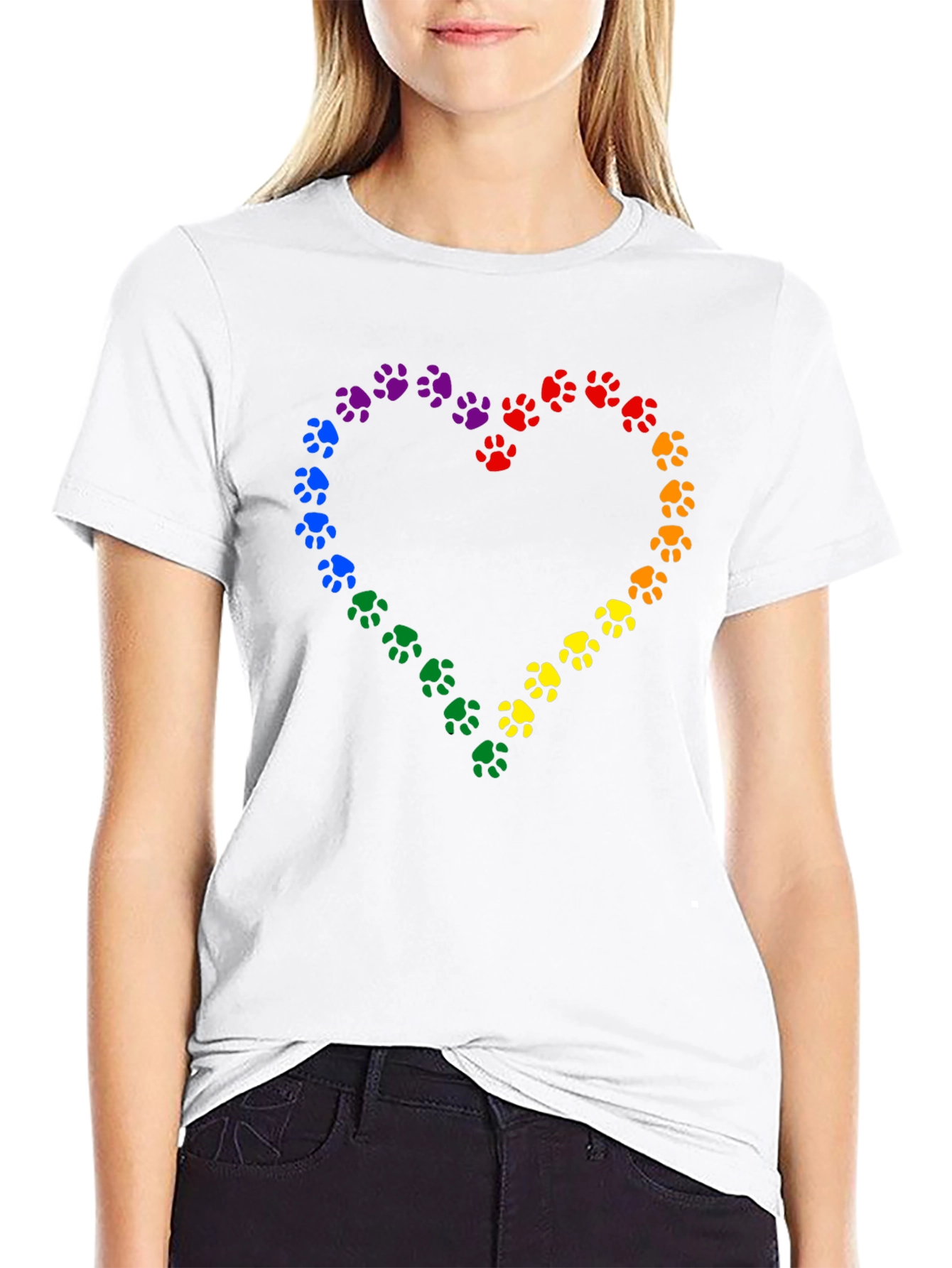 Rainbow Paw Print Heart Black T-Shirt