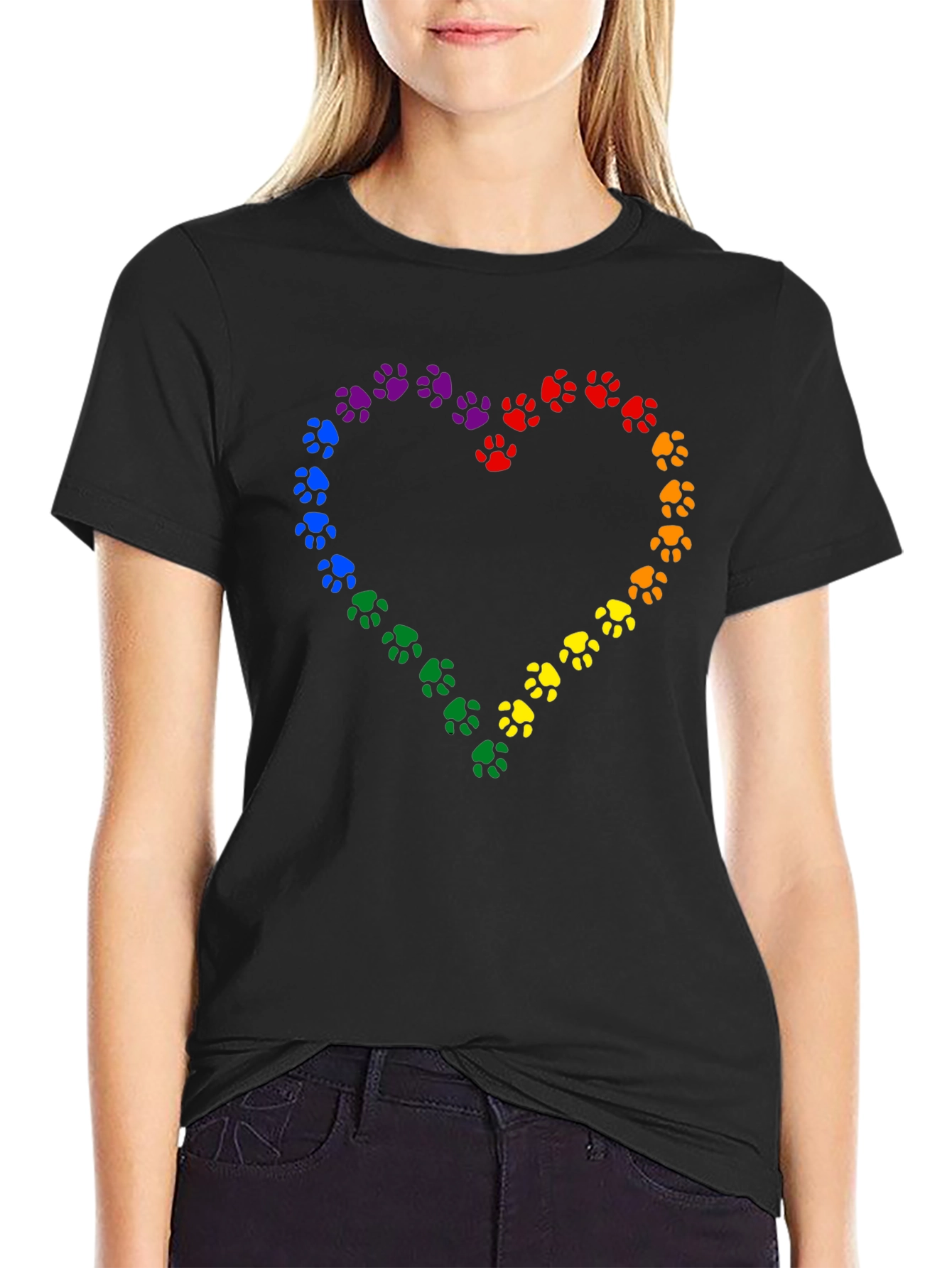 Rainbow Paw Print Heart Black T-Shirt