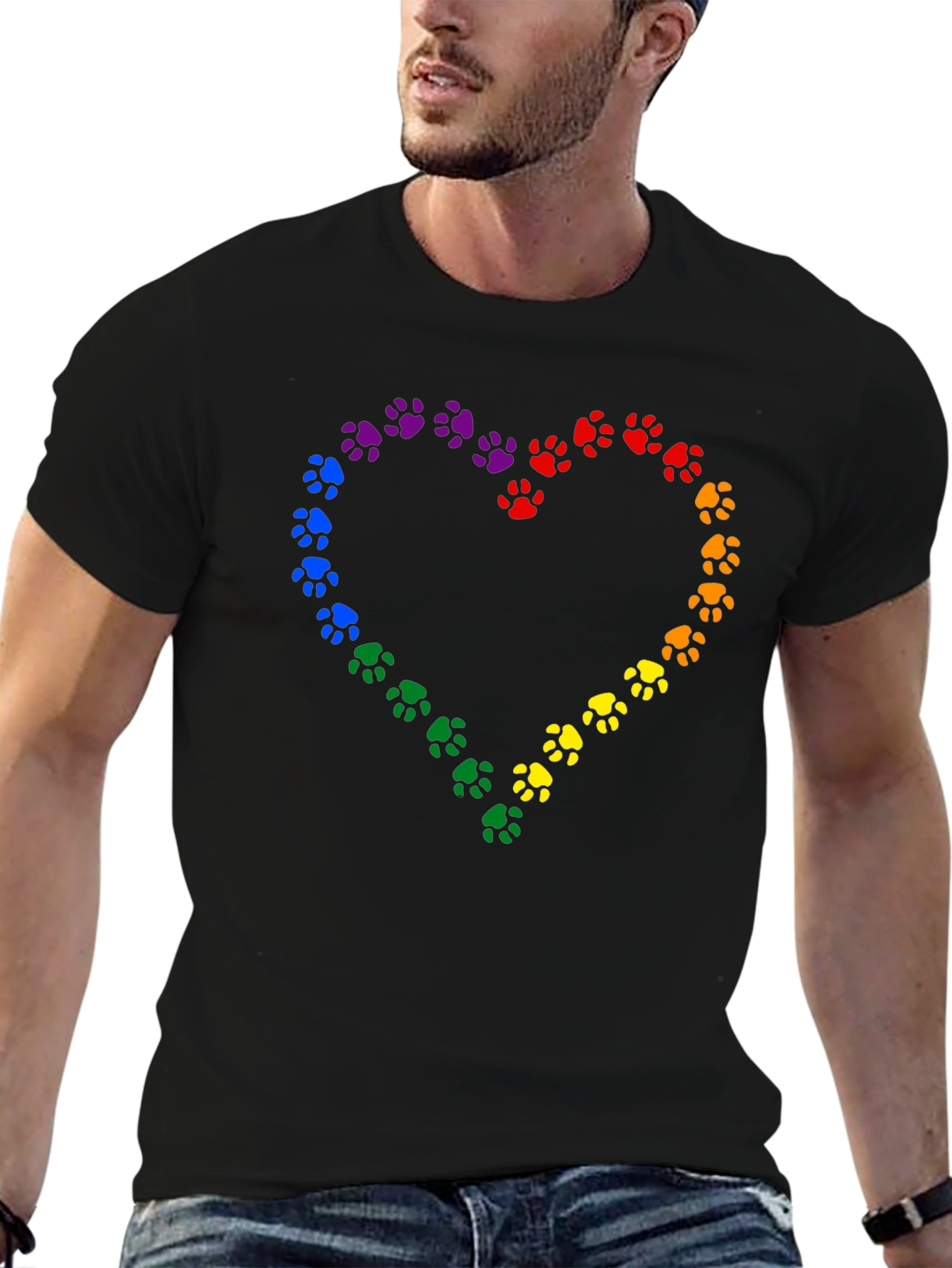 Rainbow Paw Print Heart Black T-Shirt