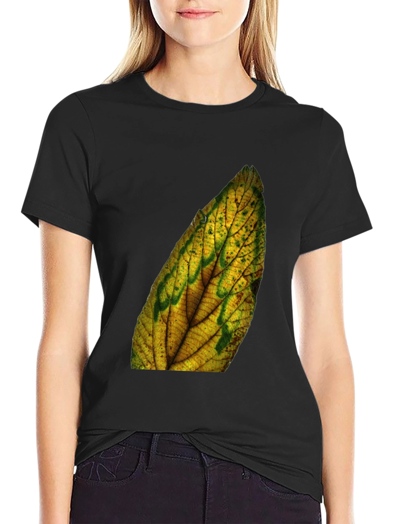 Leaf Print Black Tee - Nature Inspired Style