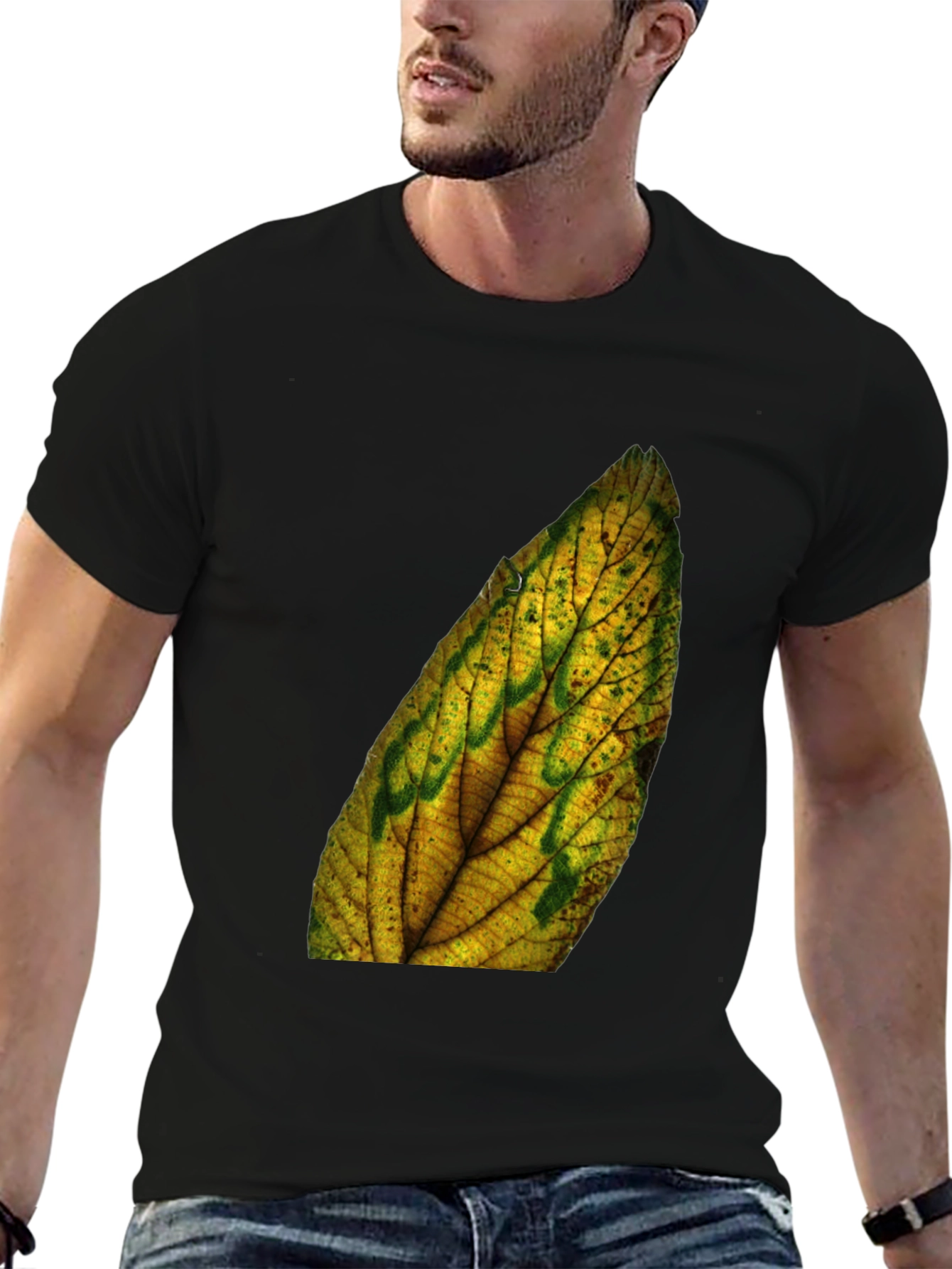 Leaf Print Black Tee - Nature Inspired Style