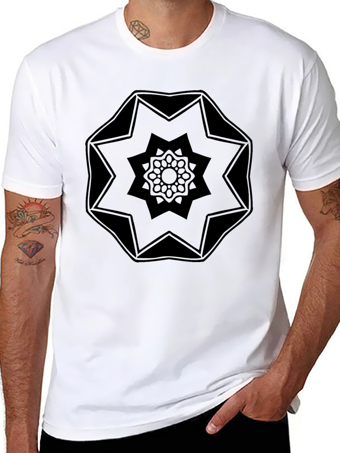 Geometric Mandala Graphic Tee - Black Crew Neck