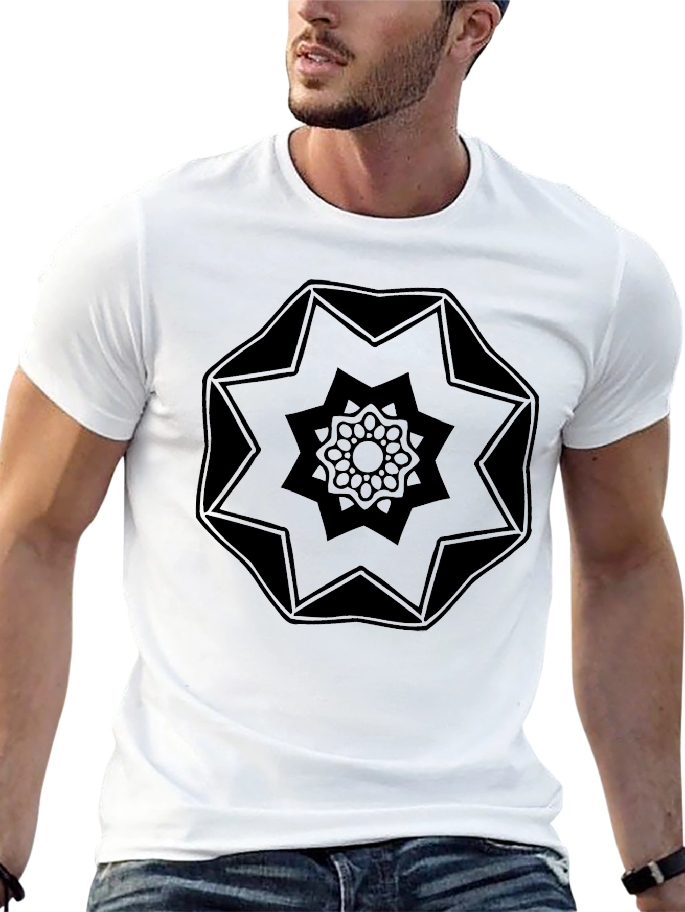 Geometric Mandala Graphic Tee - Black Crew Neck