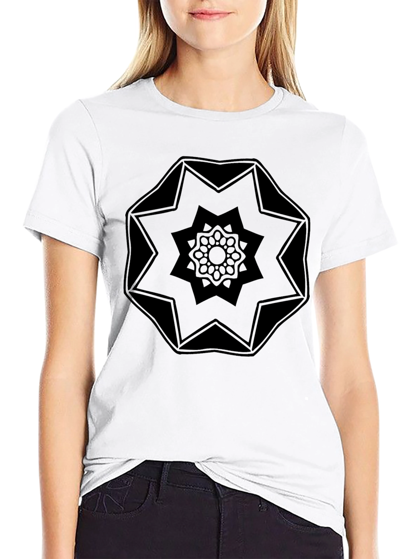 Geometric Mandala Graphic Tee - Black Crew Neck