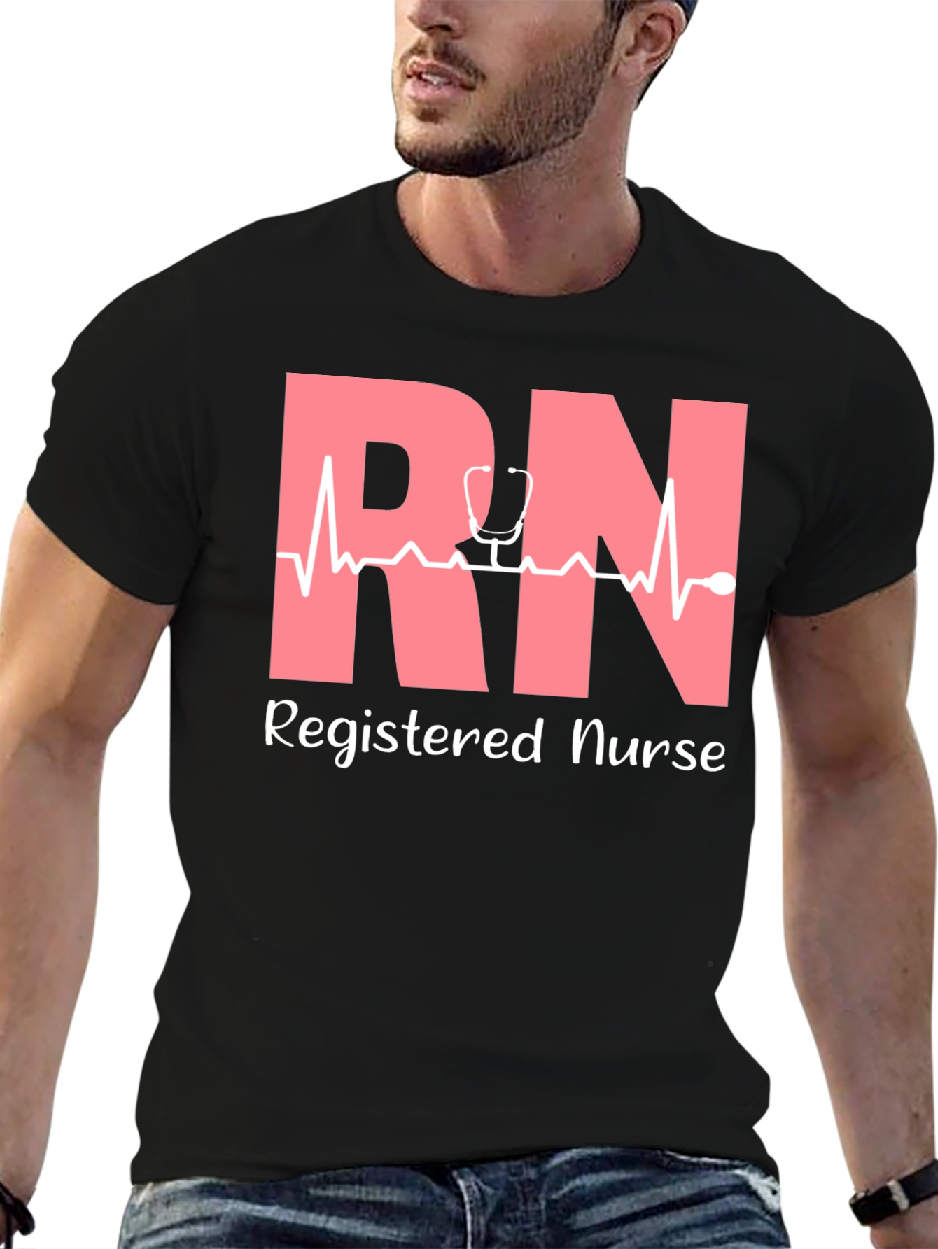 RN Registered Nurse T-Shirt - Stethoscope Heartbeat Design