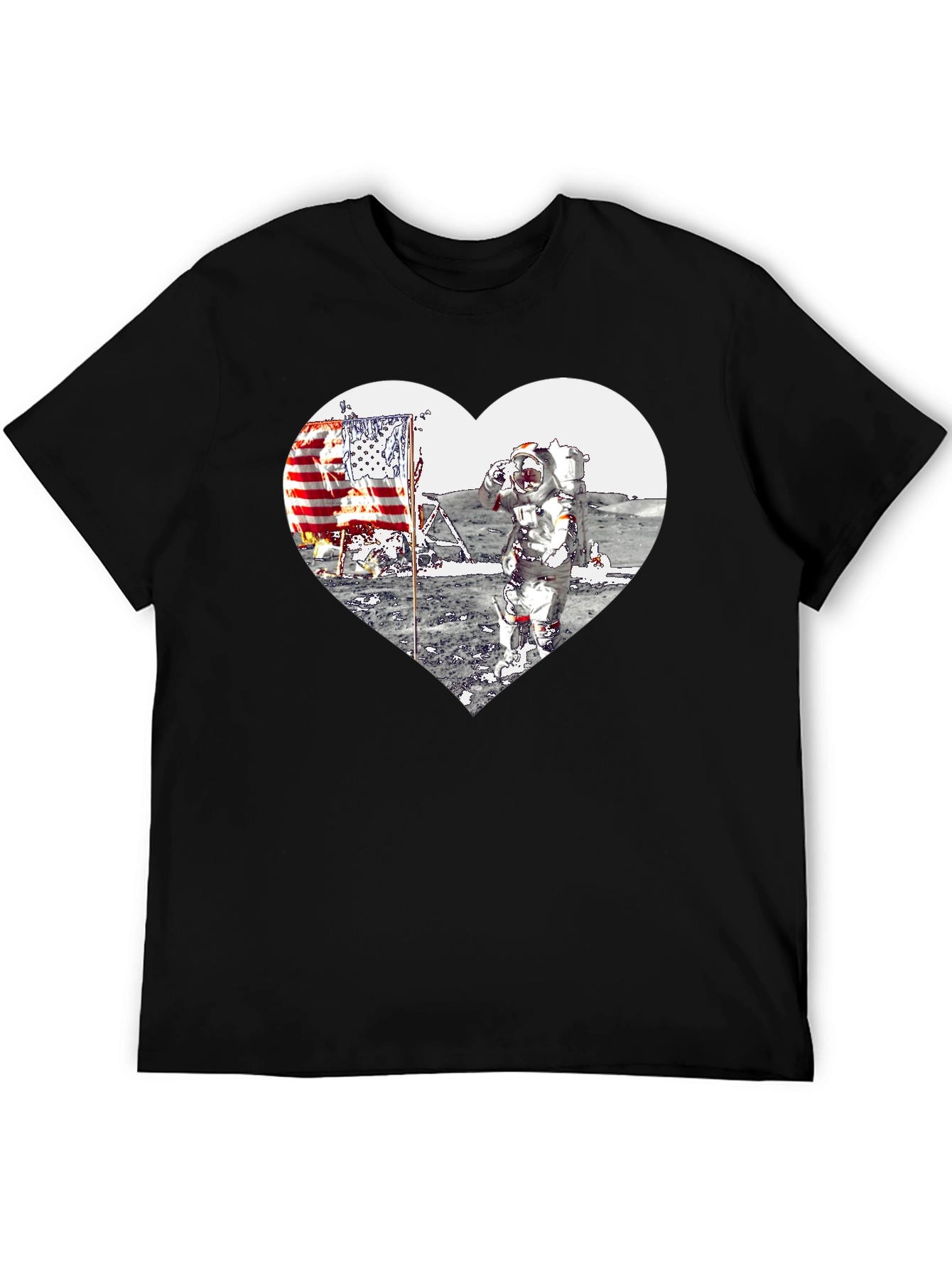 Astronaut Moon Landing Heart Graphic Black T-Shirt
