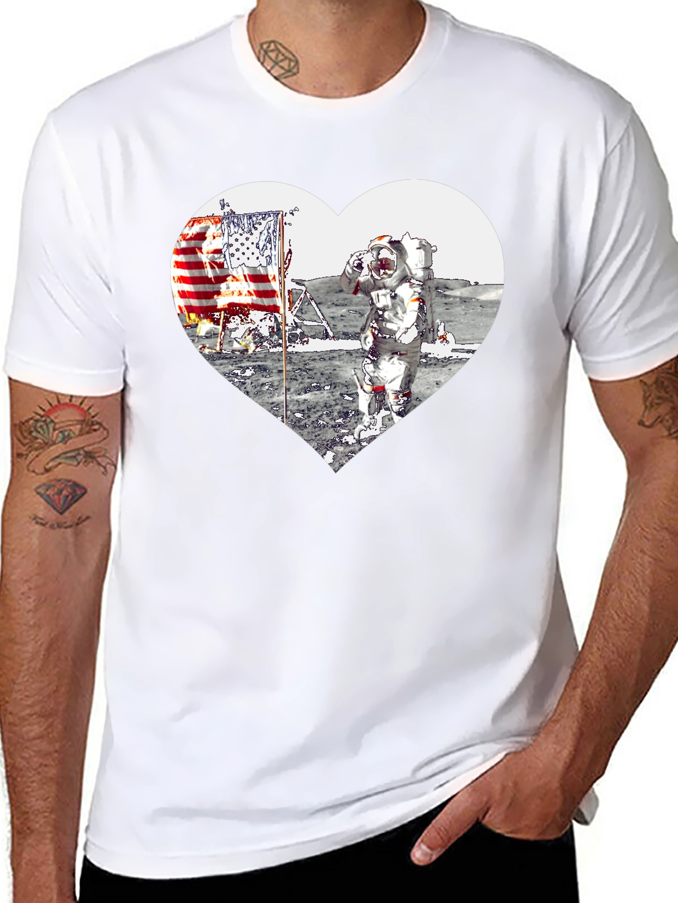Astronaut Moon Landing Heart Graphic Black T-Shirt