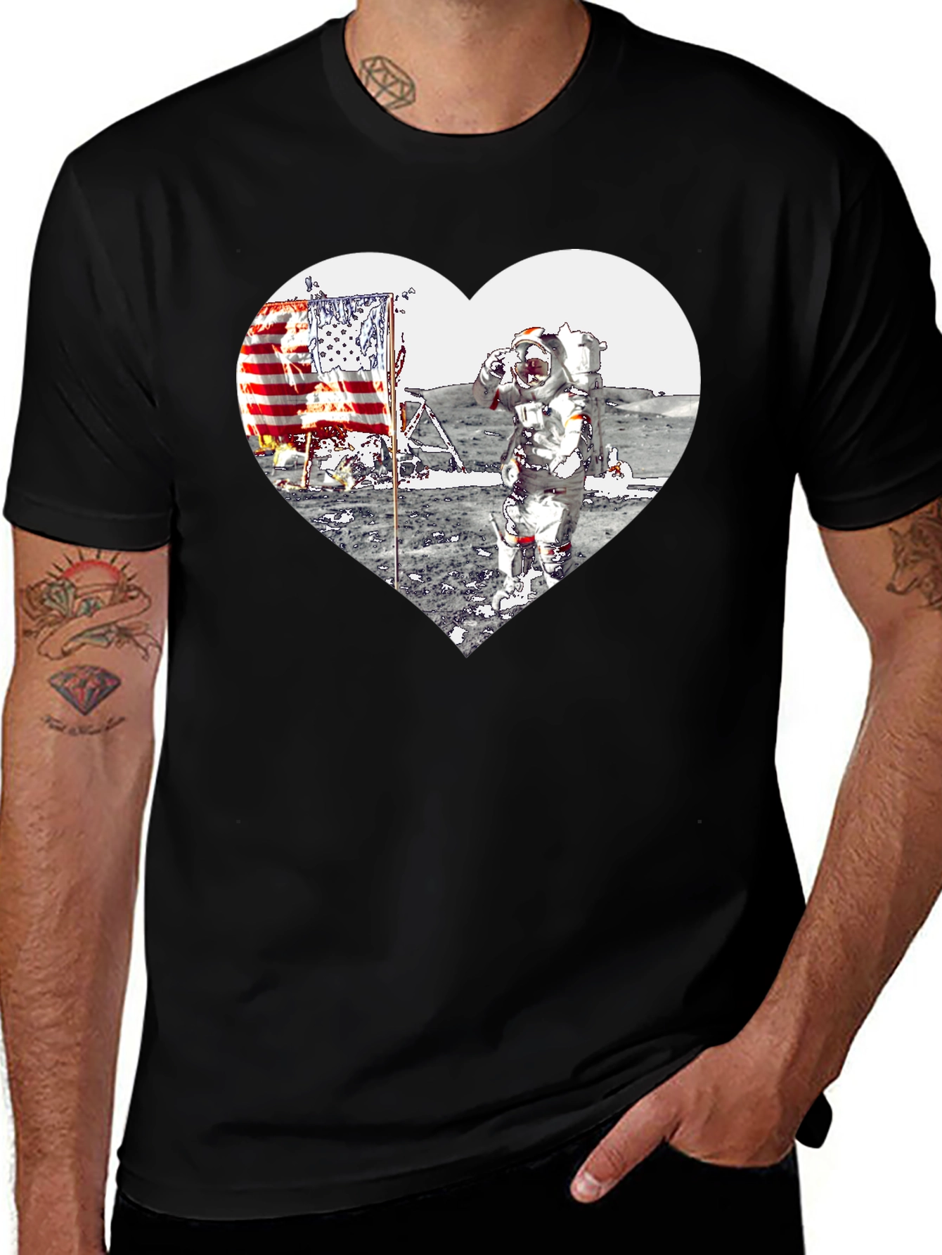 Astronaut Moon Landing Heart Graphic Black T-Shirt