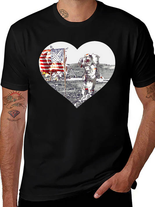 Astronaut Moon Landing Heart Graphic Black T-Shirt