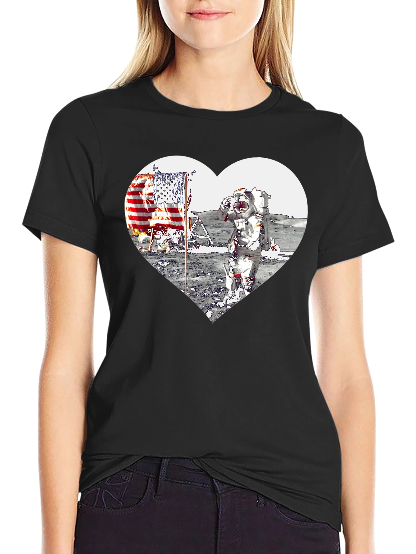 Astronaut Moon Landing Heart Graphic Black T-Shirt