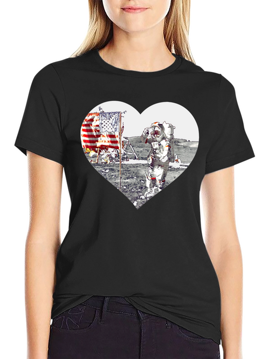 Astronaut Moon Landing Heart Graphic Black T-Shirt