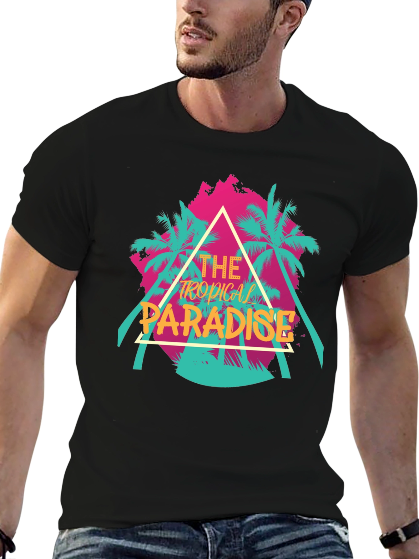 Tropical Paradise Graphic Tee - Black Cotton T-Shirt