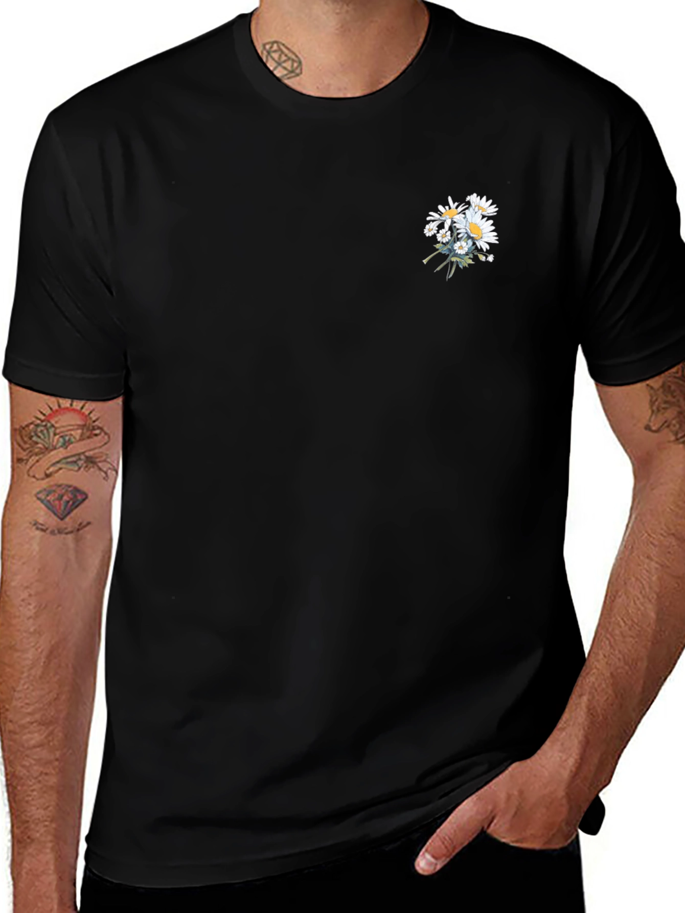 Mens Black T-Shirt with Daisy Floral Design