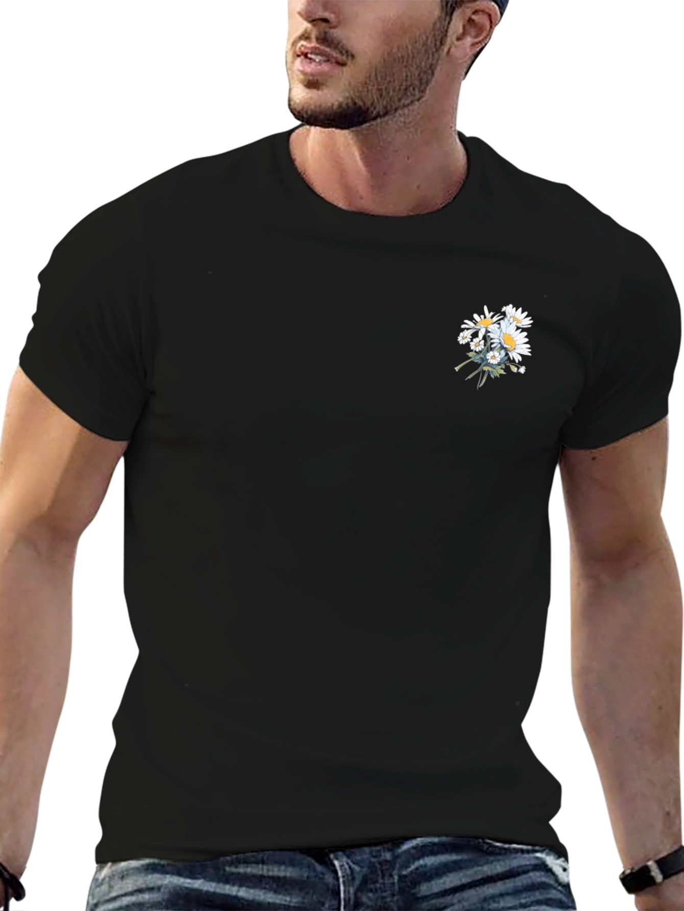 Mens Black T-Shirt with Daisy Floral Design