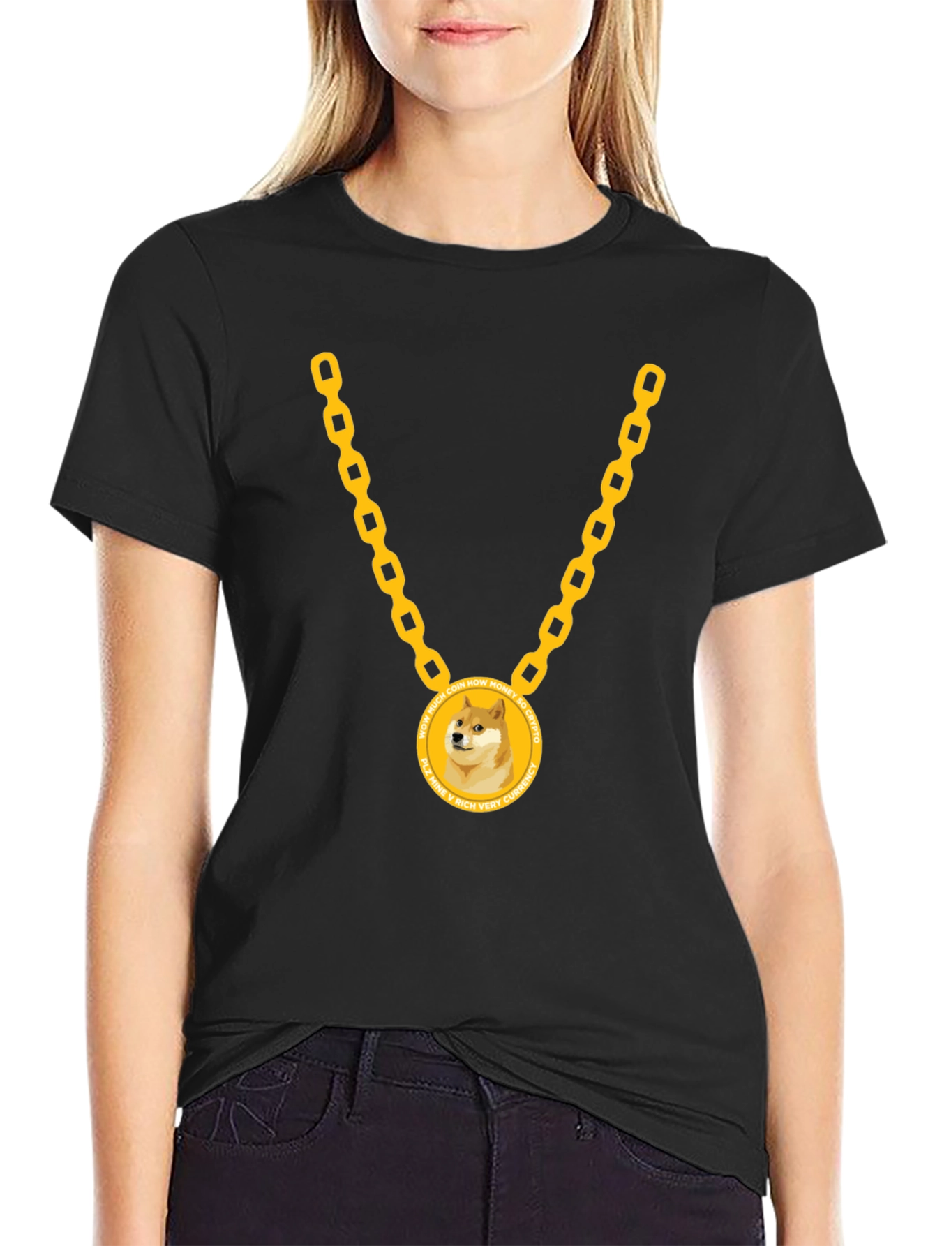Doge Coin Gold Chain Black T-Shirt