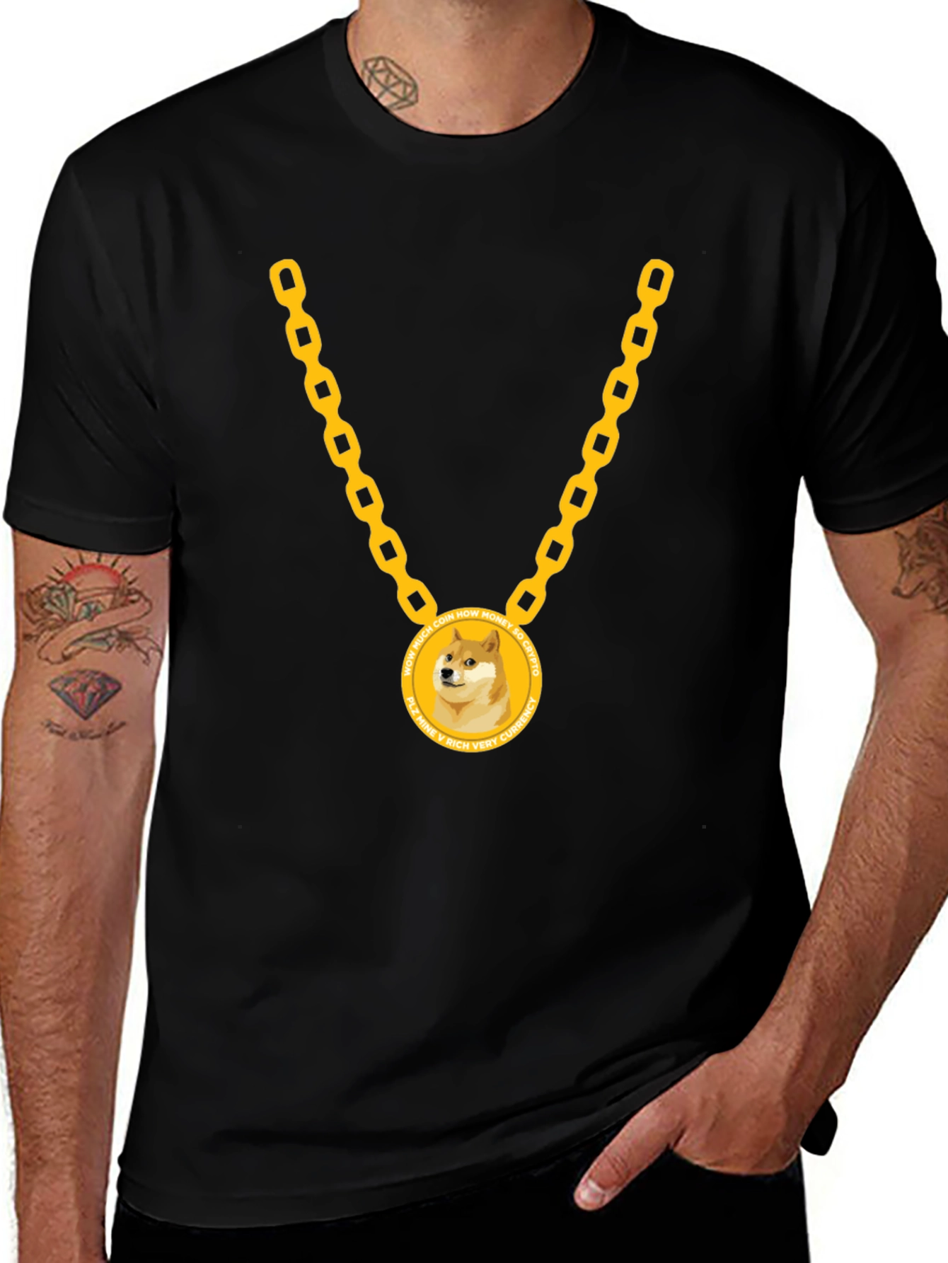 Doge Coin Gold Chain Black T-Shirt