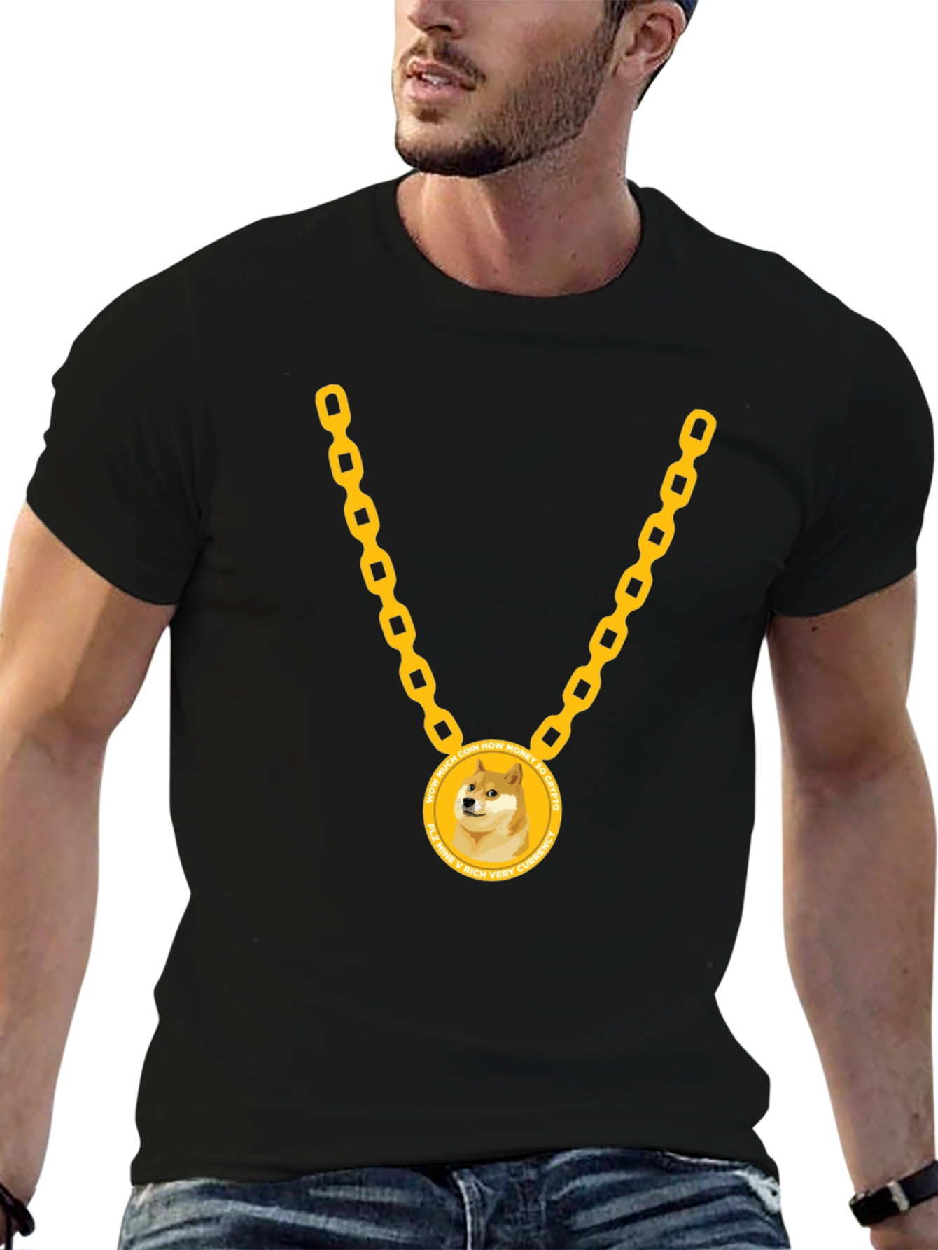 Doge Coin Gold Chain Black T-Shirt
