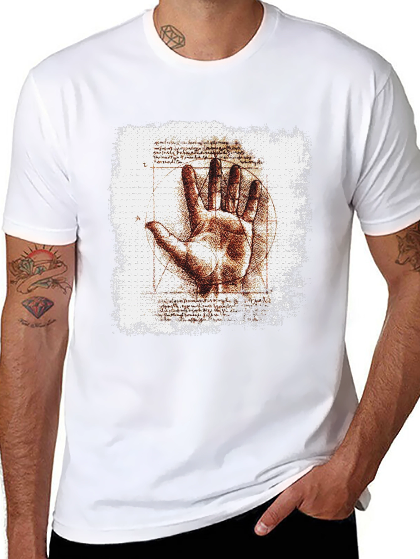 Vitruvian Hand Graphic Tee - Artistic Mens T-Shirt