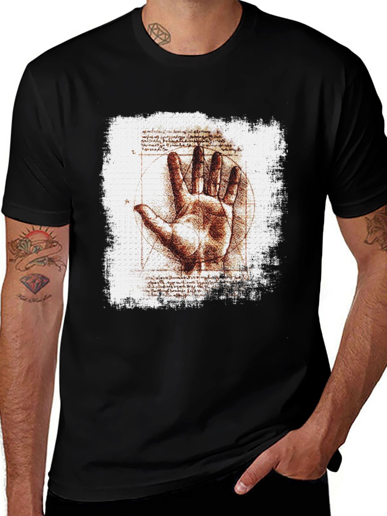 Vitruvian Hand Graphic Tee - Artistic Mens T-Shirt