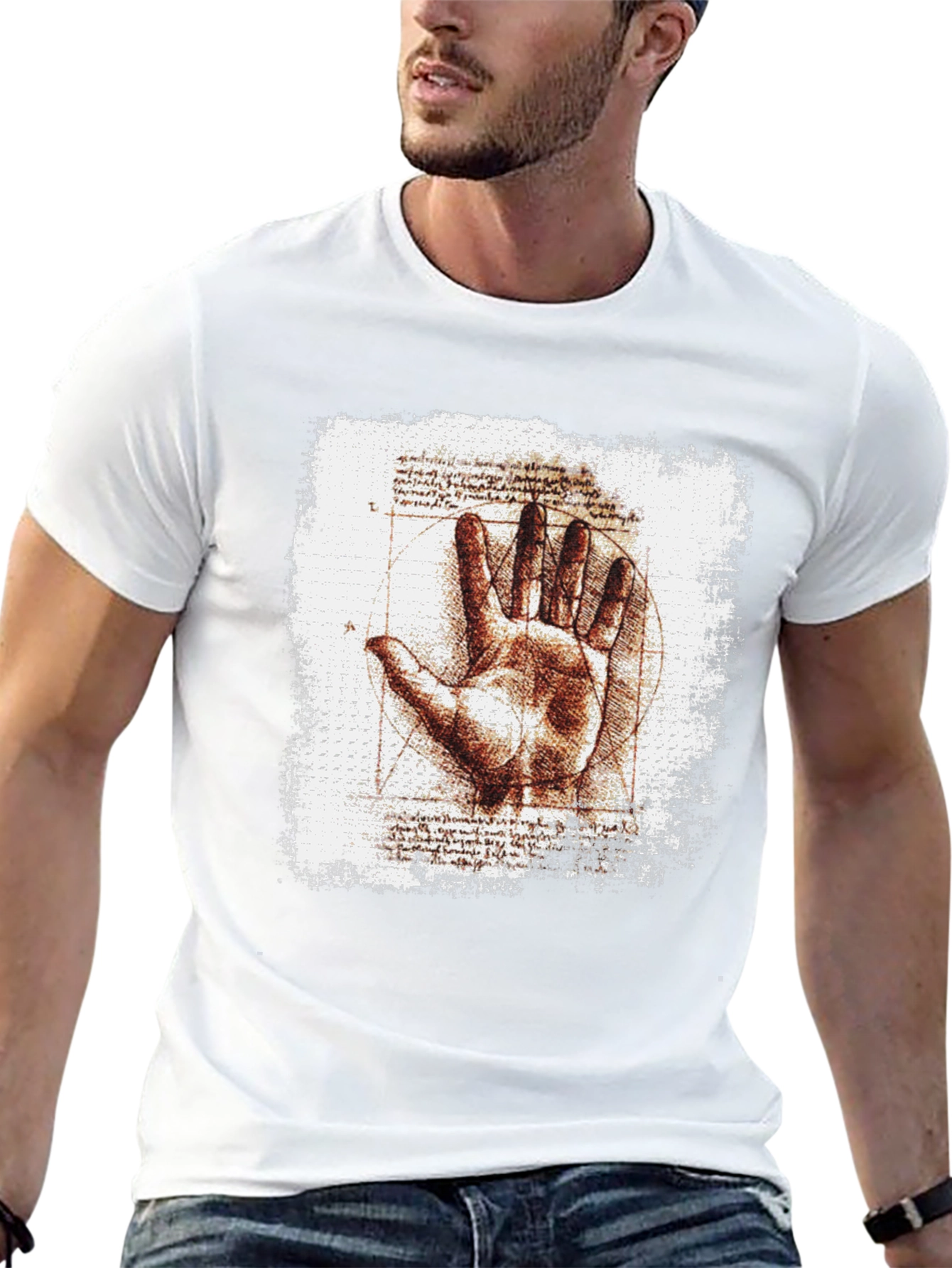 Vitruvian Hand Graphic Tee - Artistic Mens T-Shirt
