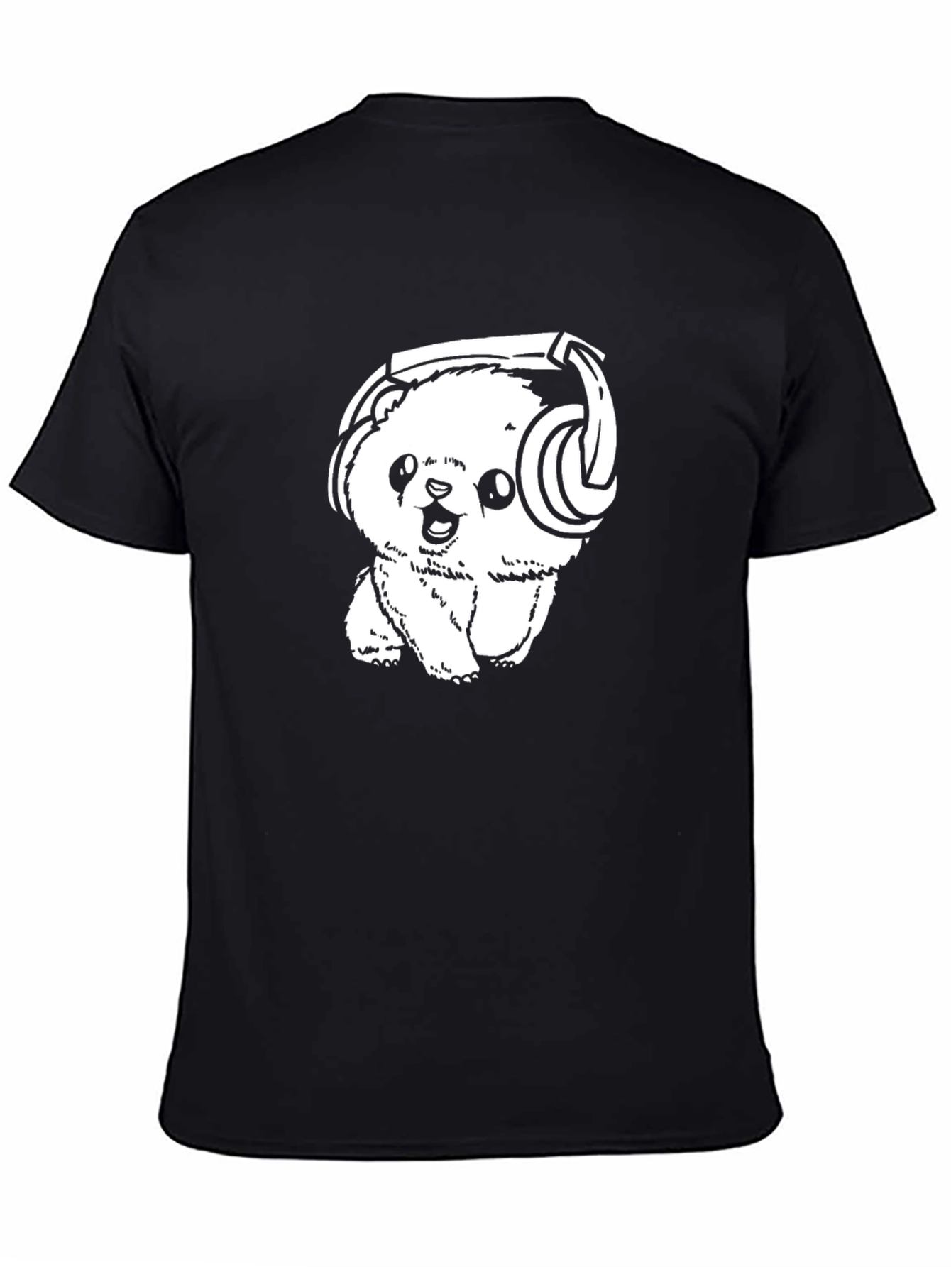 Cute Bear with Headphones Black T-Shirt