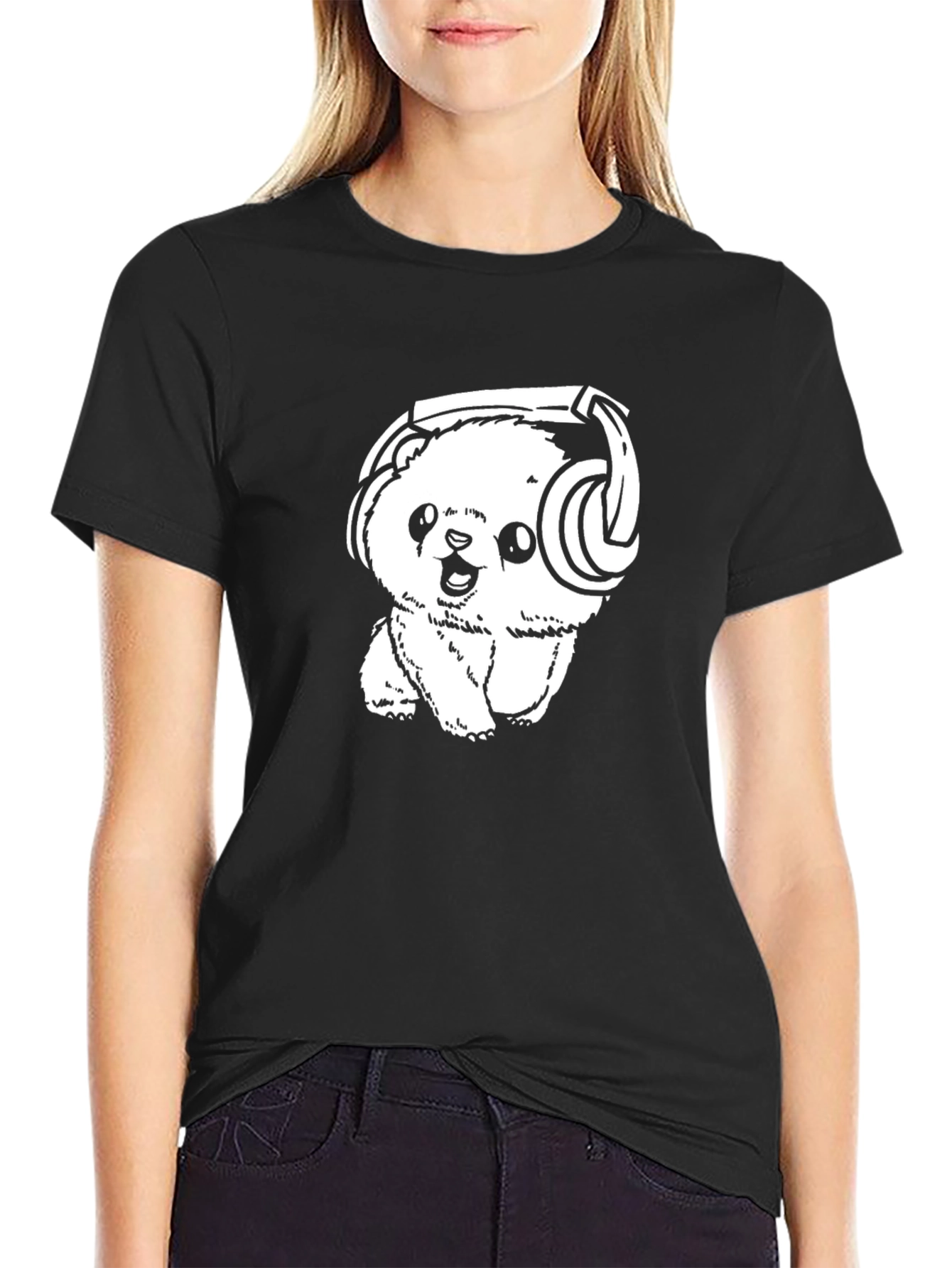 Cute Bear with Headphones Black T-Shirt