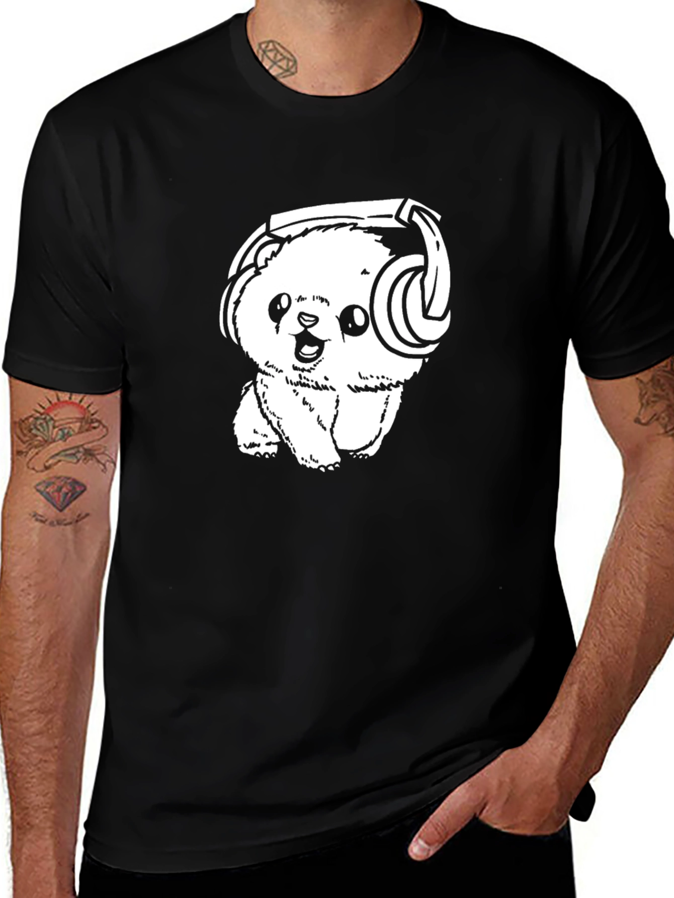 Cute Bear with Headphones Black T-Shirt