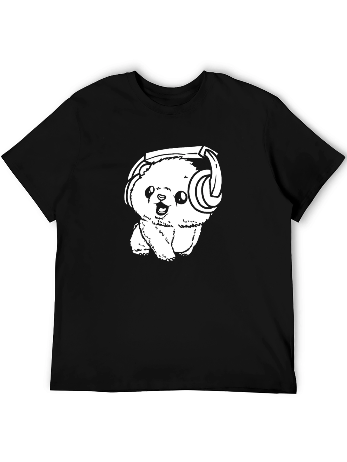 Cute Bear with Headphones Black T-Shirt