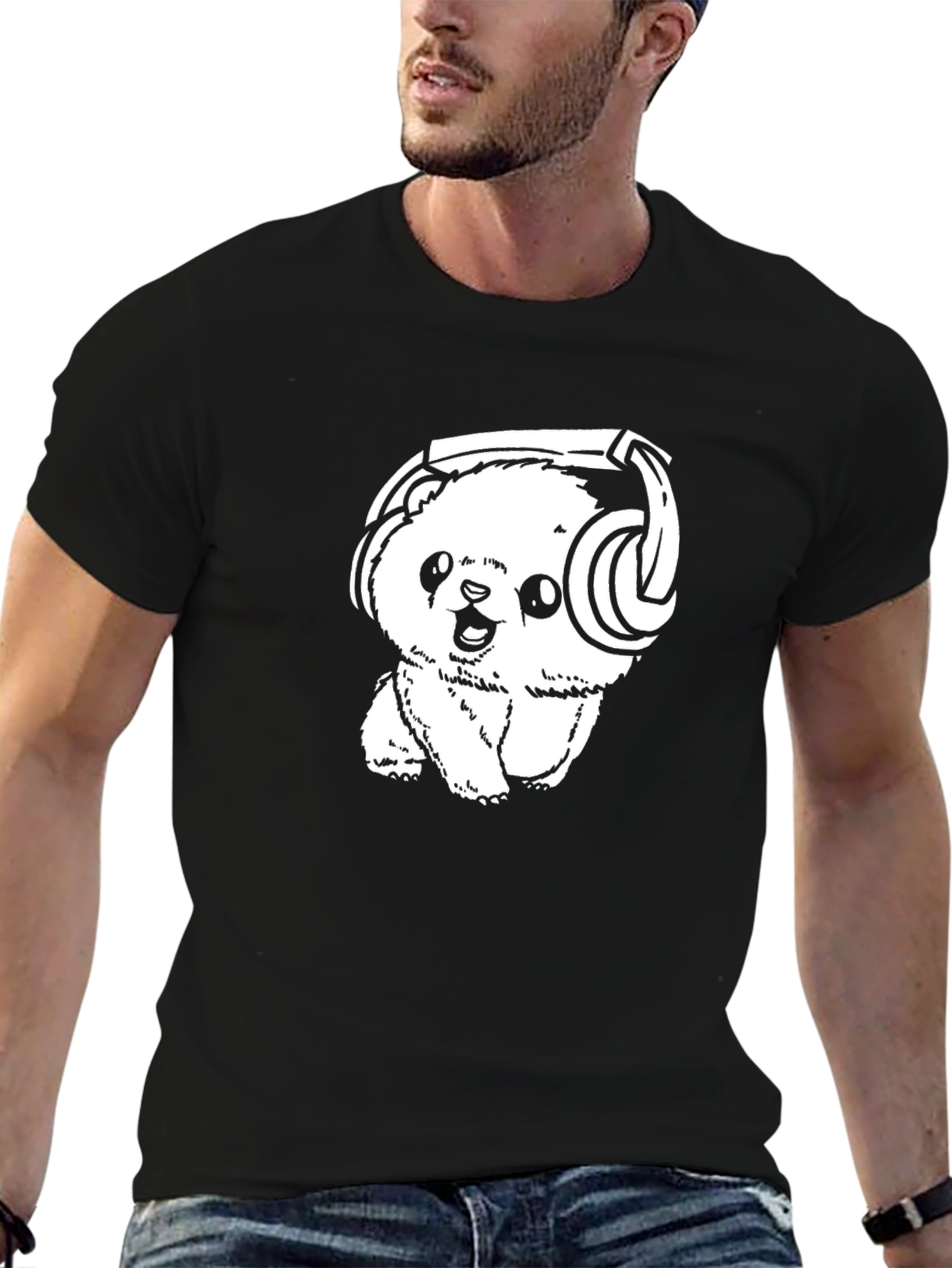 Cute Bear with Headphones Black T-Shirt
