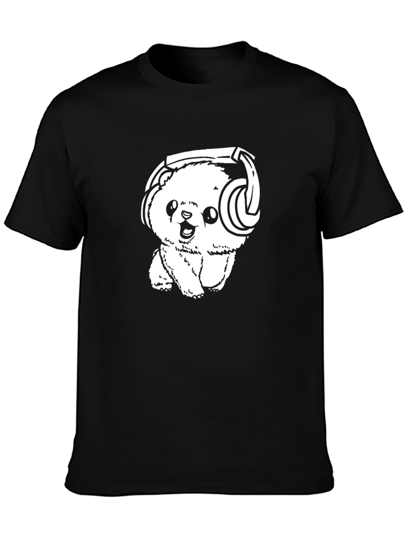 Cute Bear with Headphones Black T-Shirt