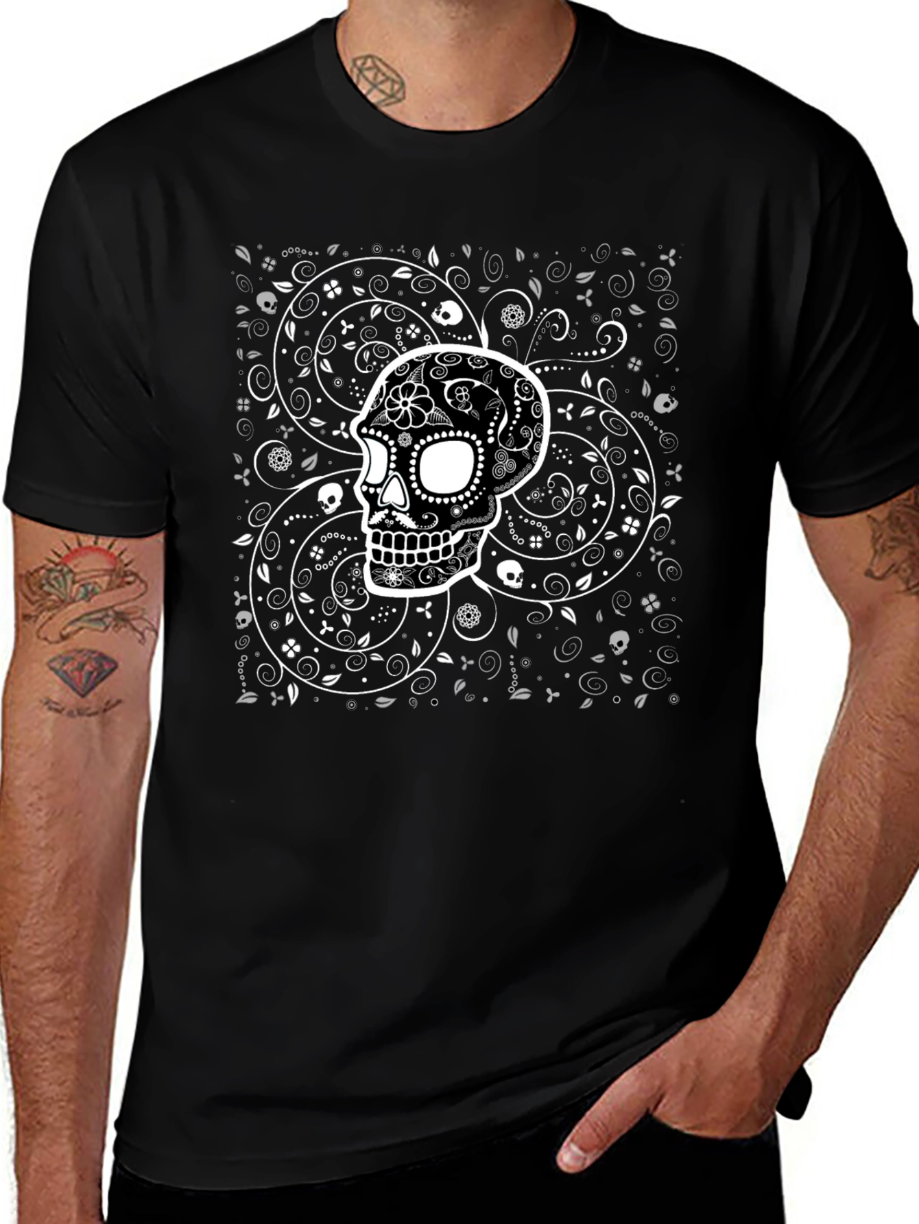 Sugar Skull Graphic Print Black T-Shirt