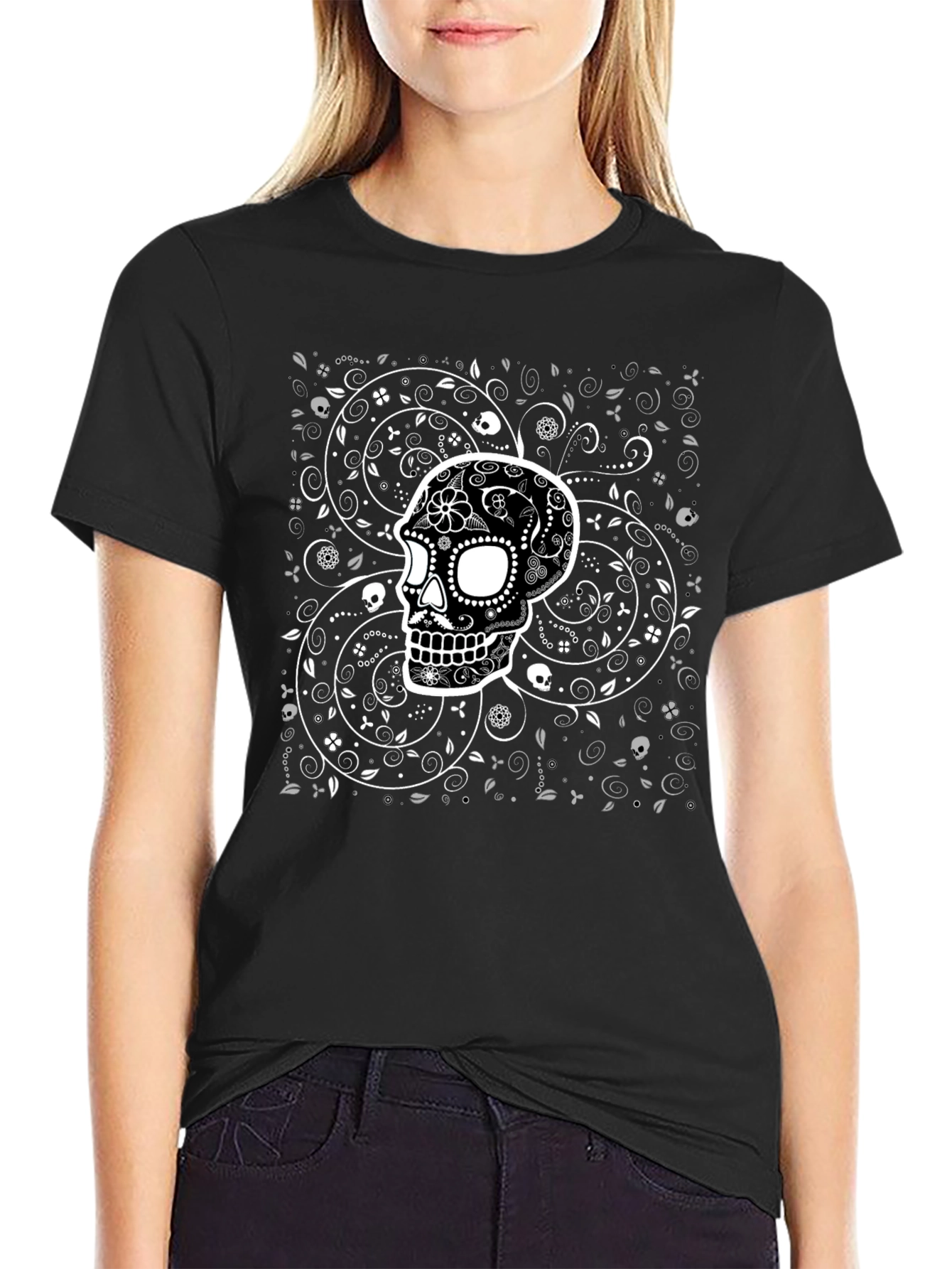Sugar Skull Graphic Print Black T-Shirt