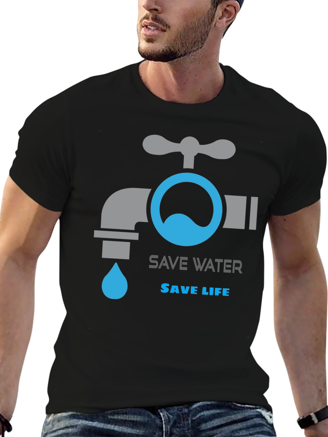 Save Water Save Life Graphic T-Shirt - Black