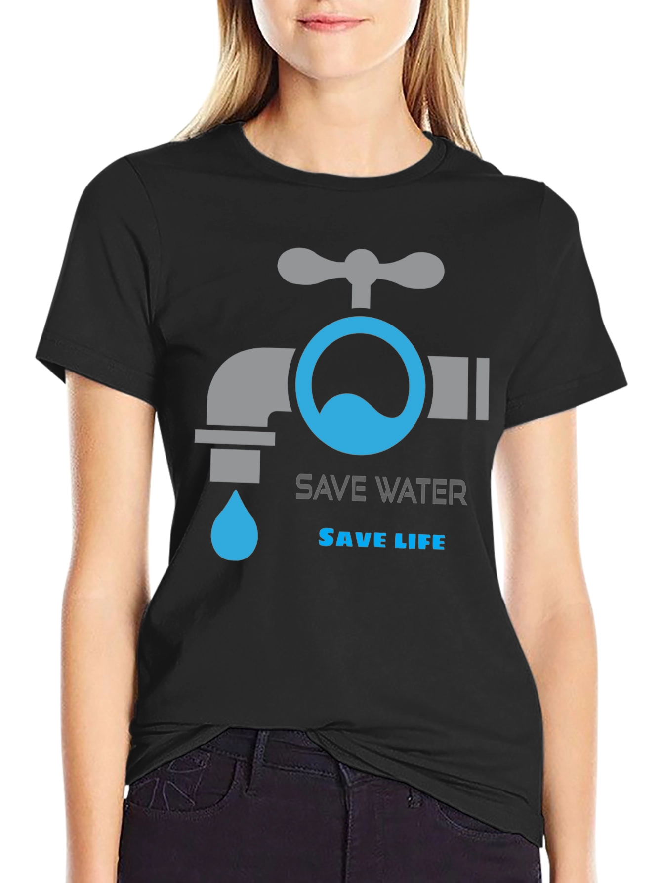 Save Water Save Life Graphic T-Shirt - Black
