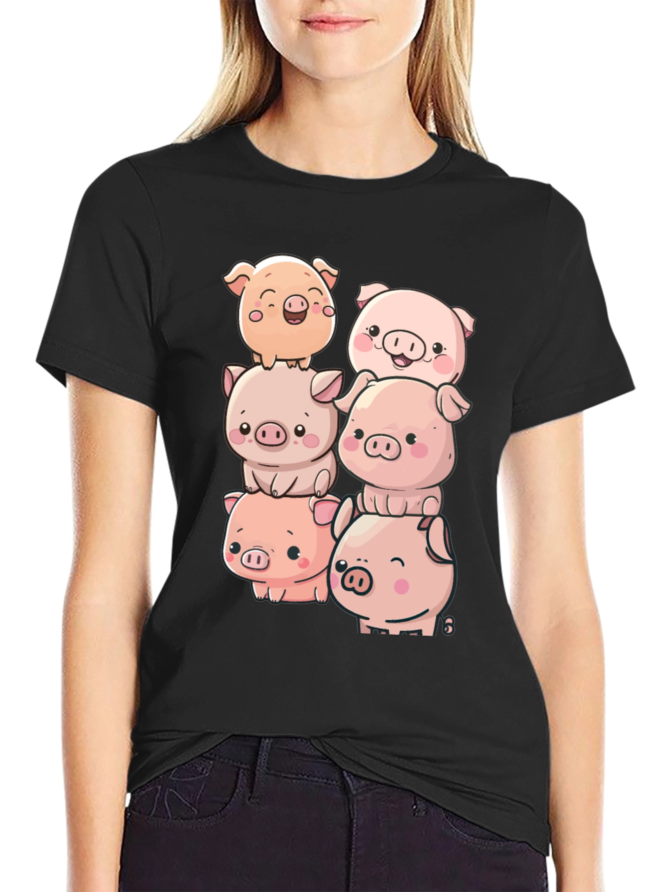 Cute Piglet Stack Black T-Shirt