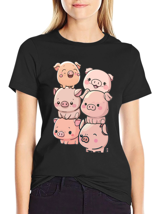 Cute Piglet Stack Black T-Shirt