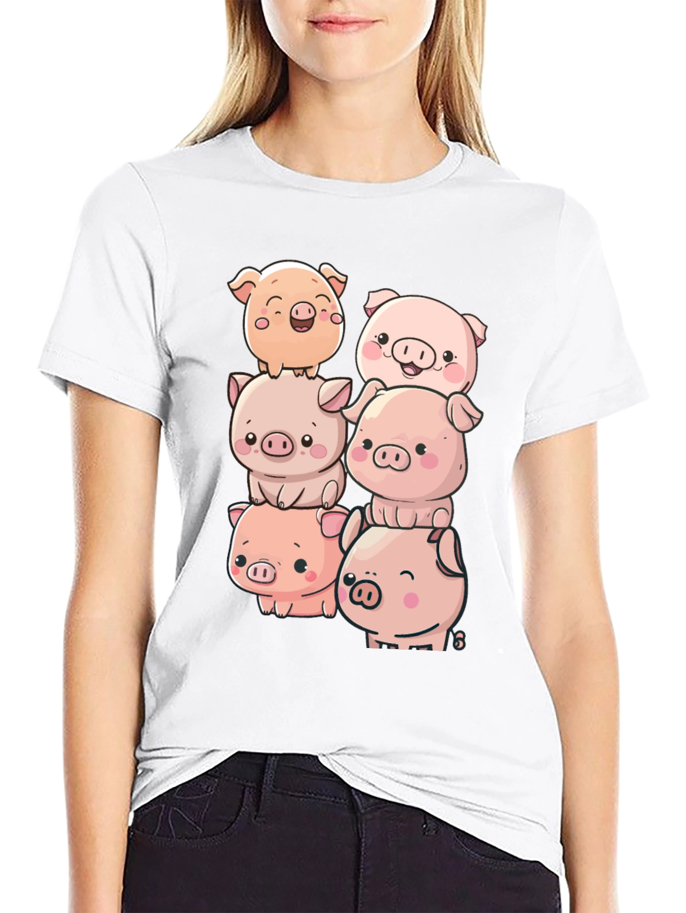 Cute Piglet Stack Black T-Shirt