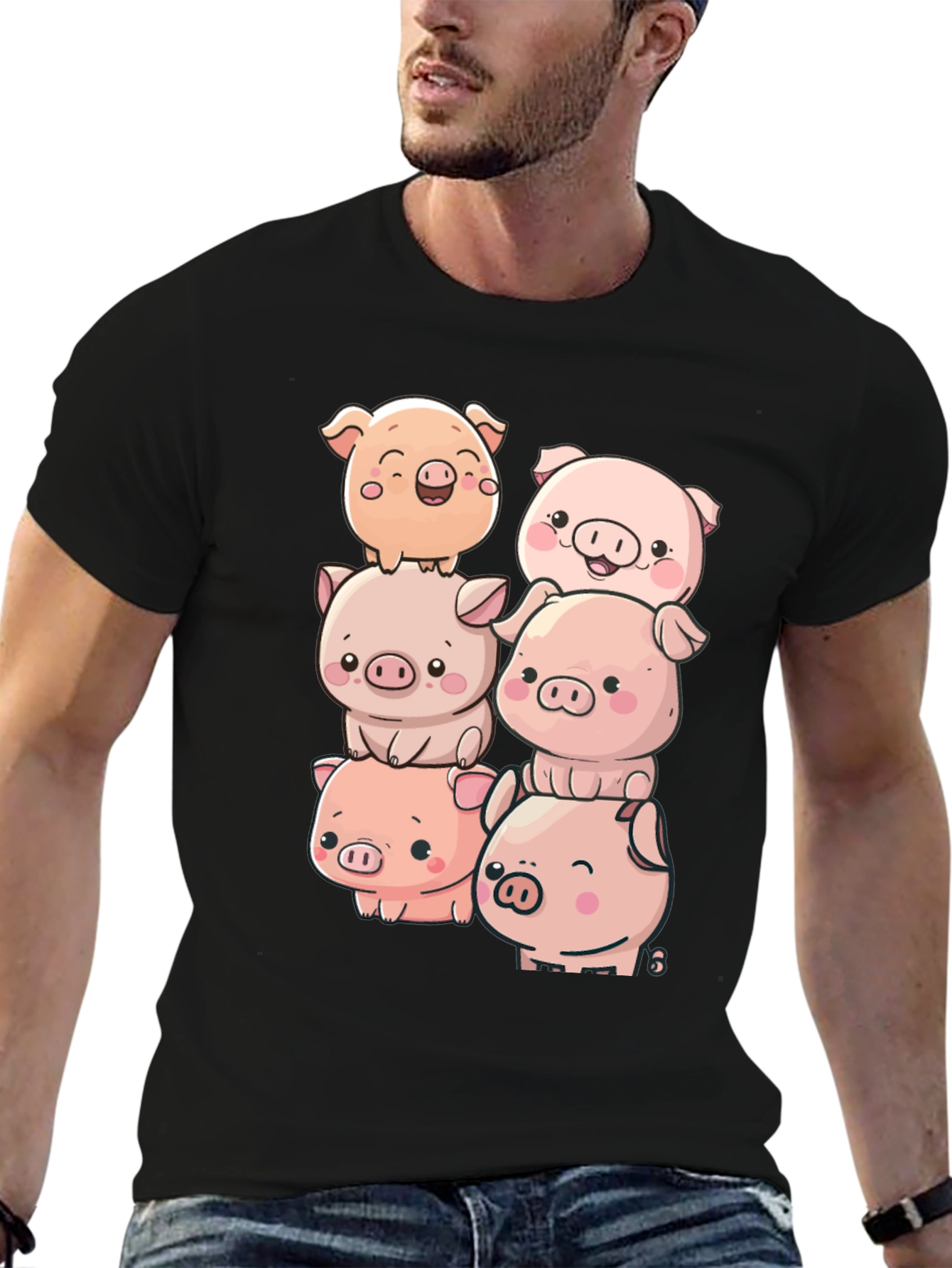 Cute Piglet Stack Black T-Shirt