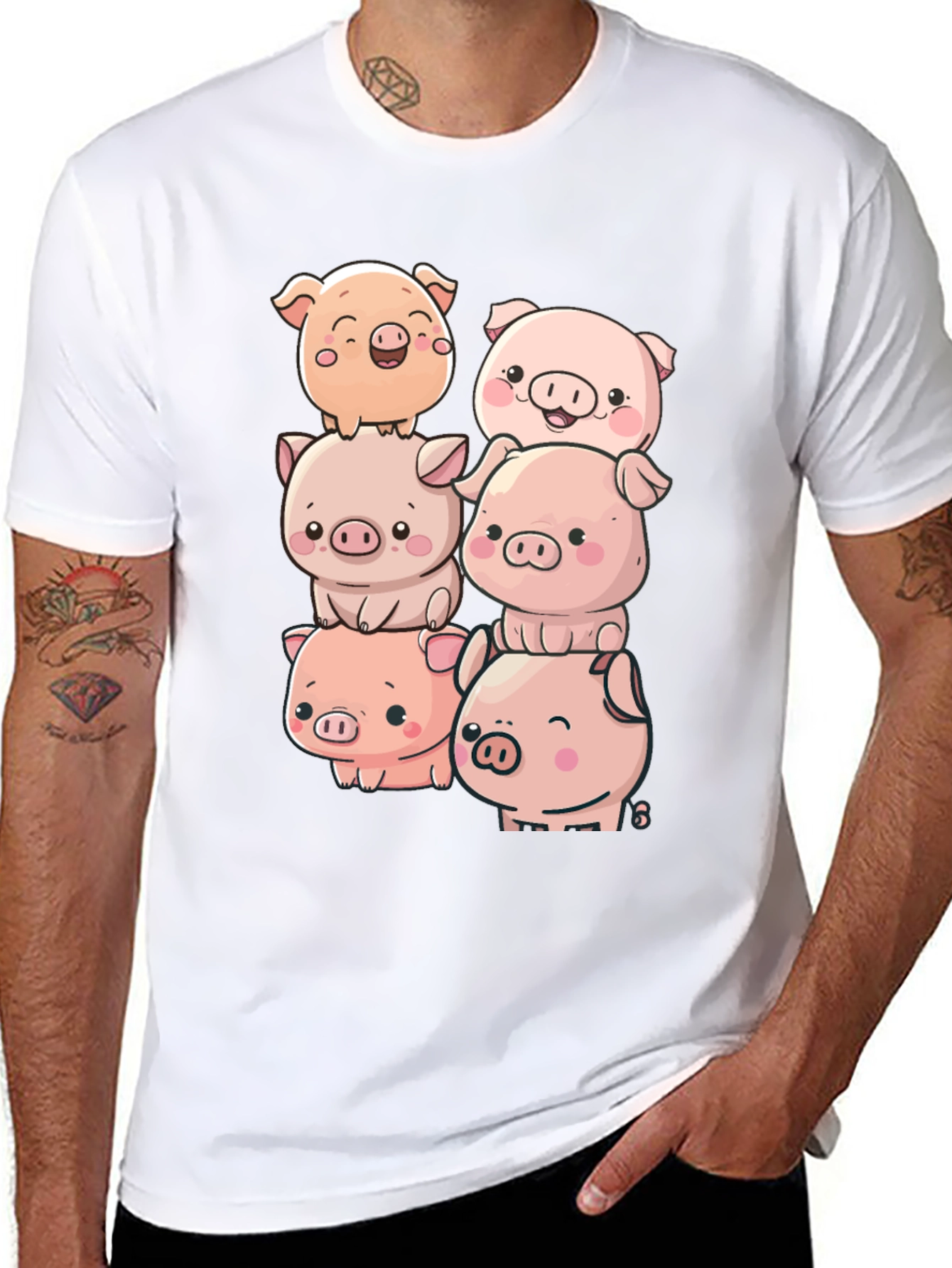 Cute Piglet Stack Black T-Shirt