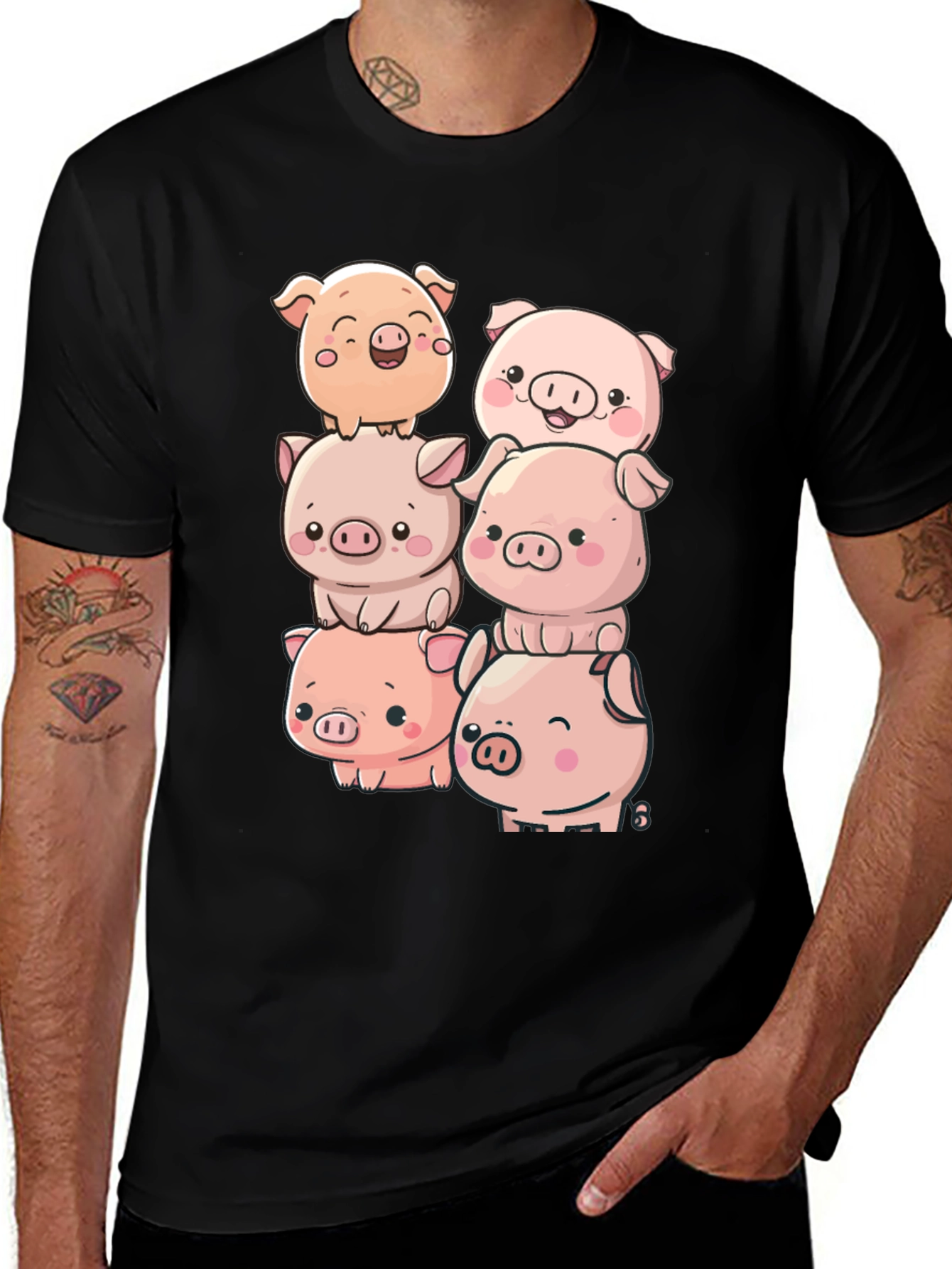 Cute Piglet Stack Black T-Shirt