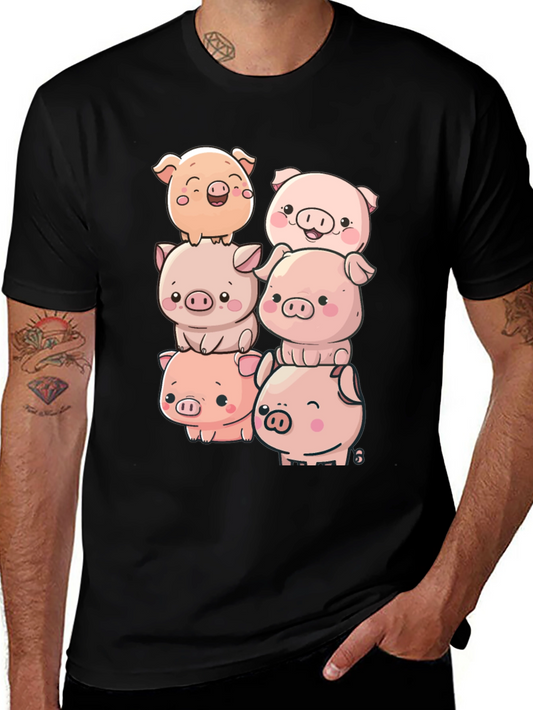 Cute Piglet Stack Black T-Shirt