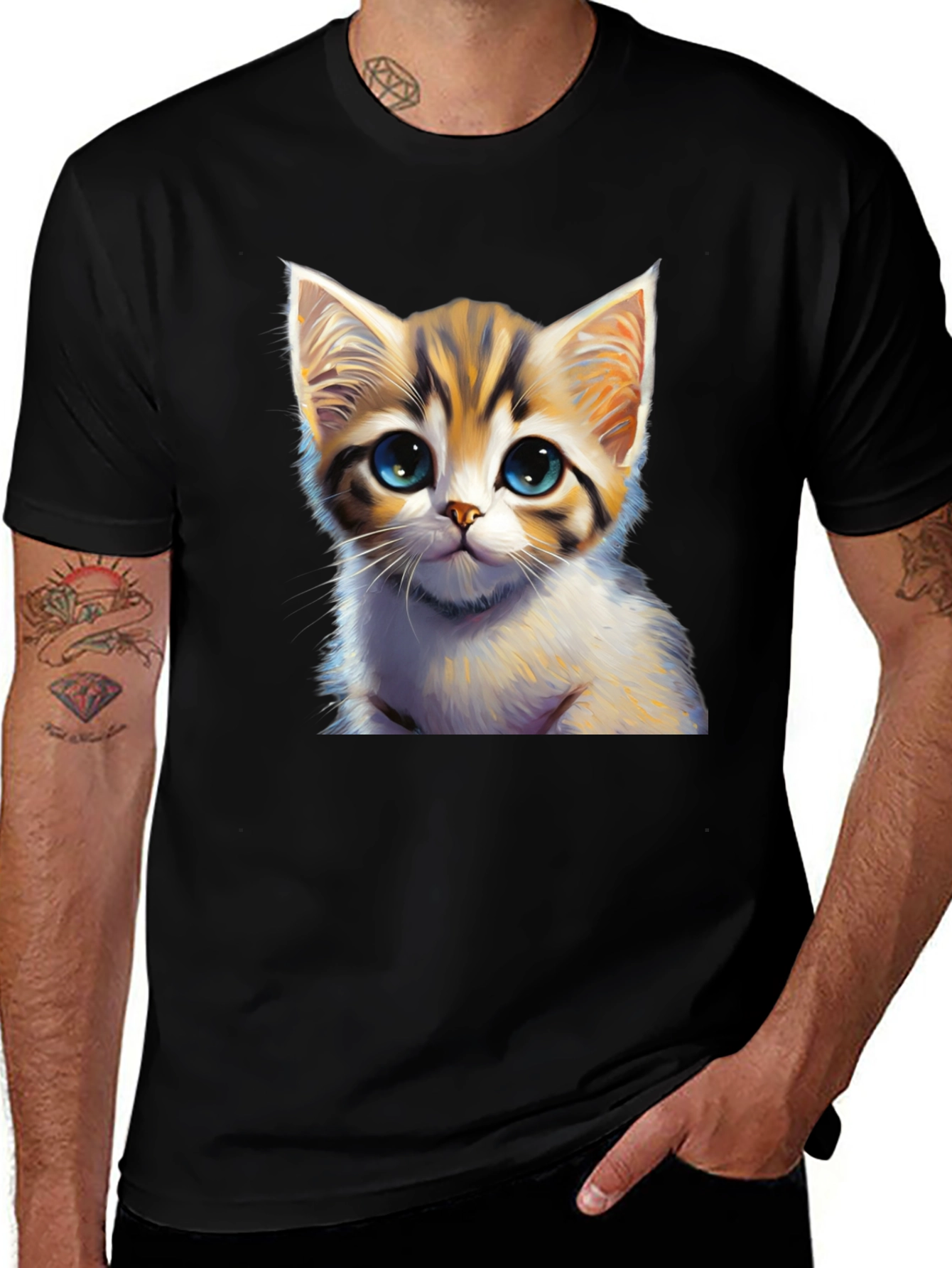 Cute Kitten Graphic Print Black T-Shirt